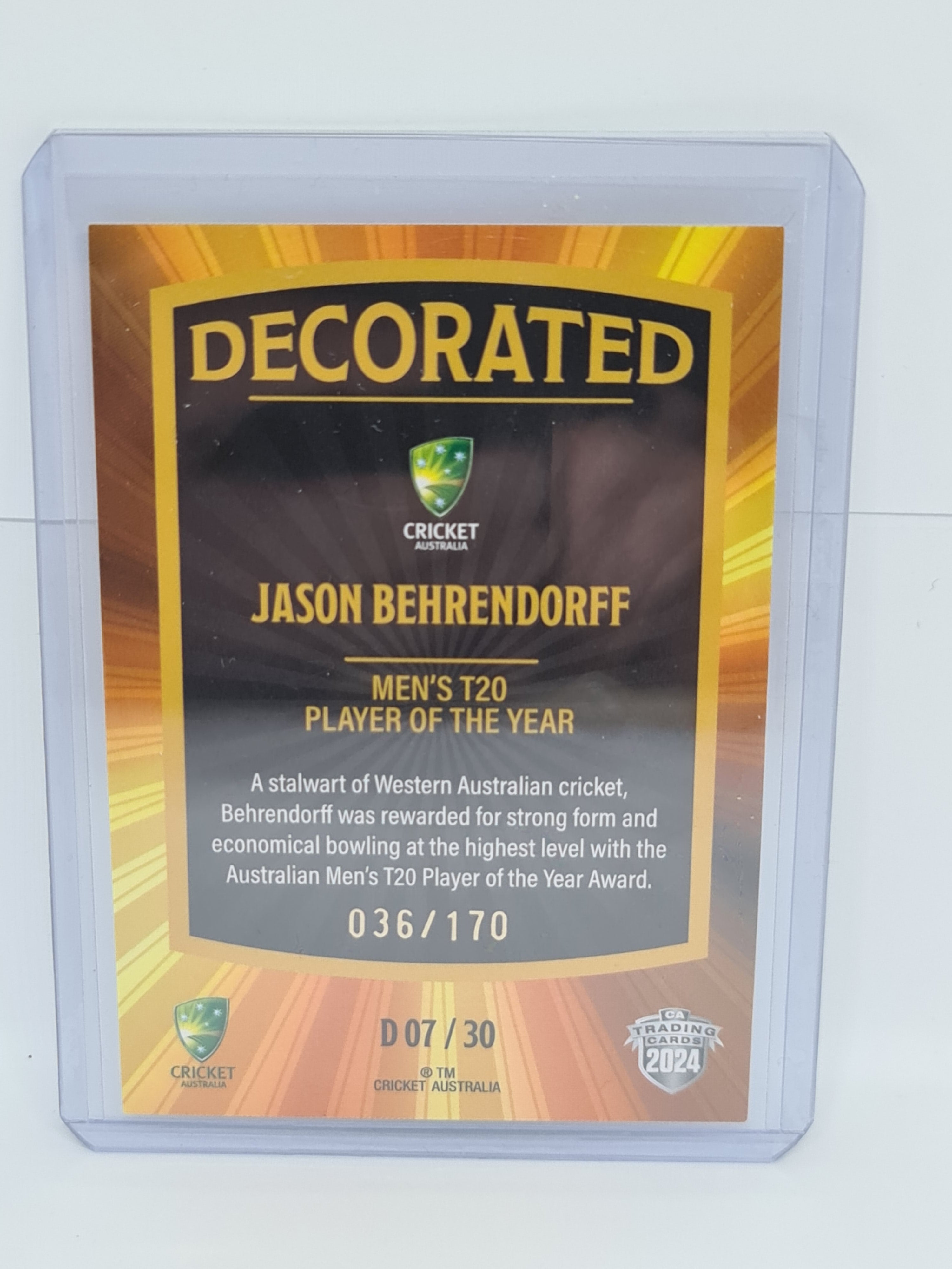 2024-25 LUXE Cricket - Decorated - #D07 - Jason Behrendorff - #36/170 - Australia