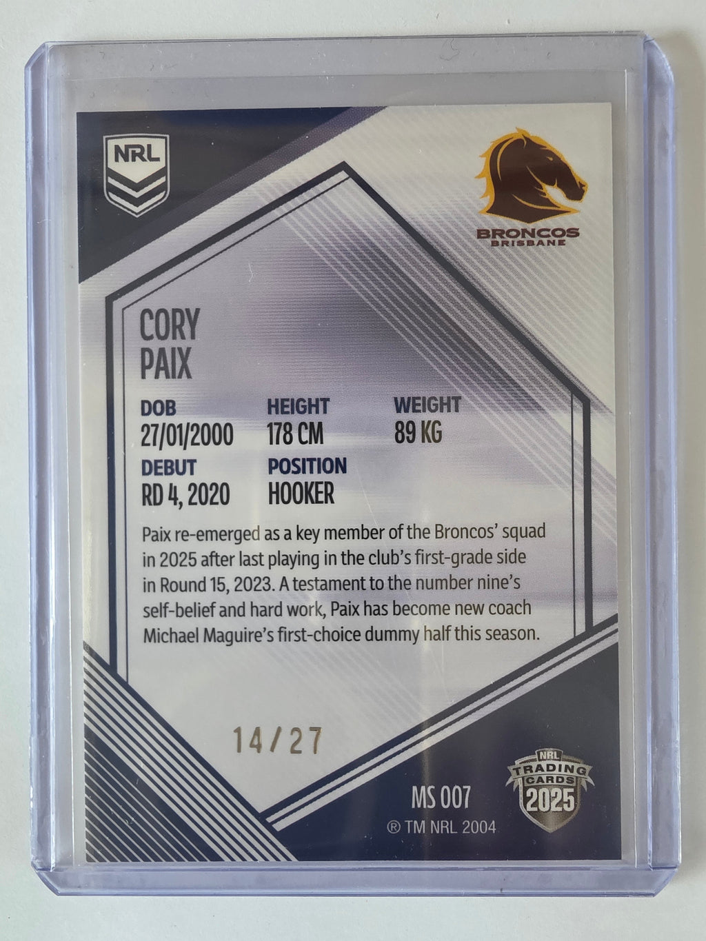 NRL 2025 Elite | Mojo Sapphire| #MS07 | Cory Paix | #14/27 | Broncos