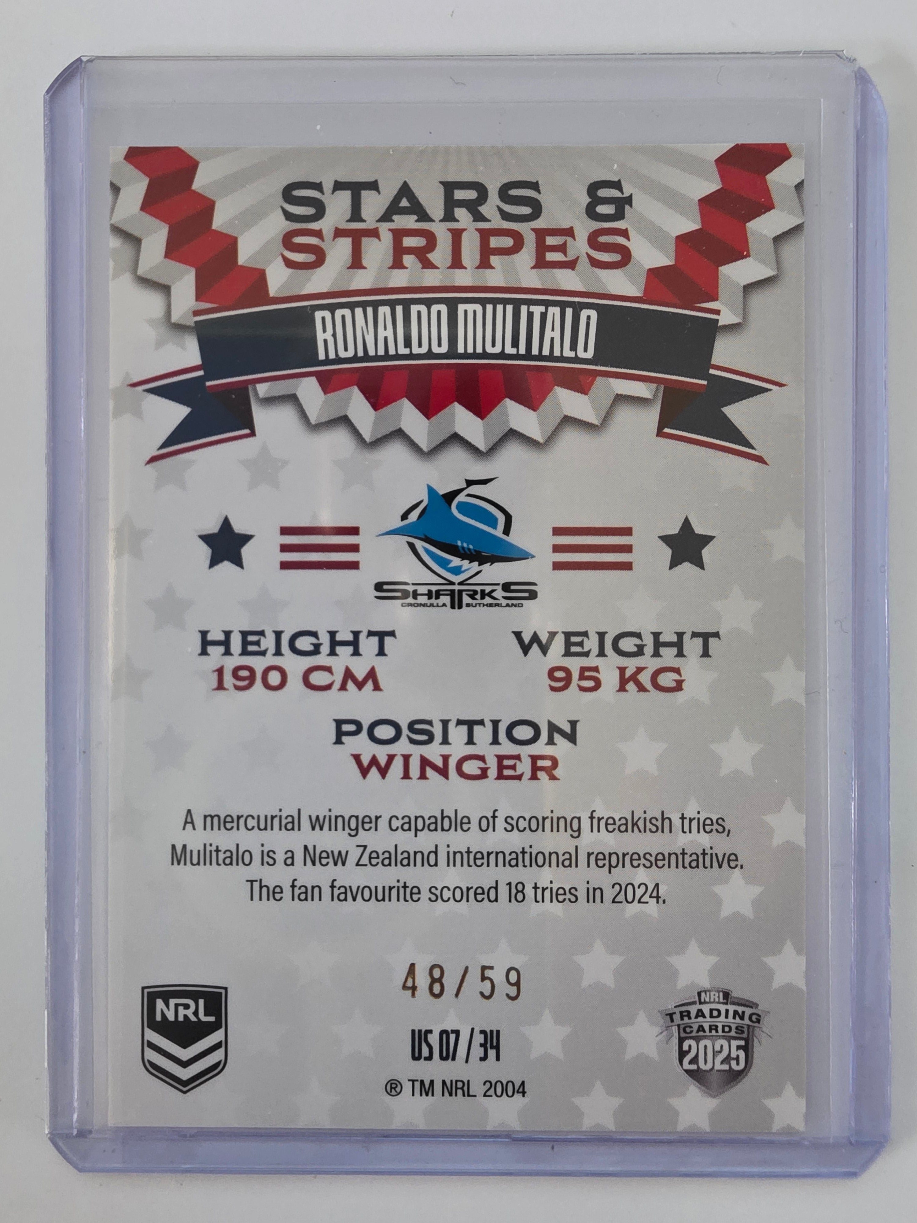 NRL 2025 Elite USA Edition Stars & Stripes #US07 Ronaldo Mulitalo #48/59 Sharks