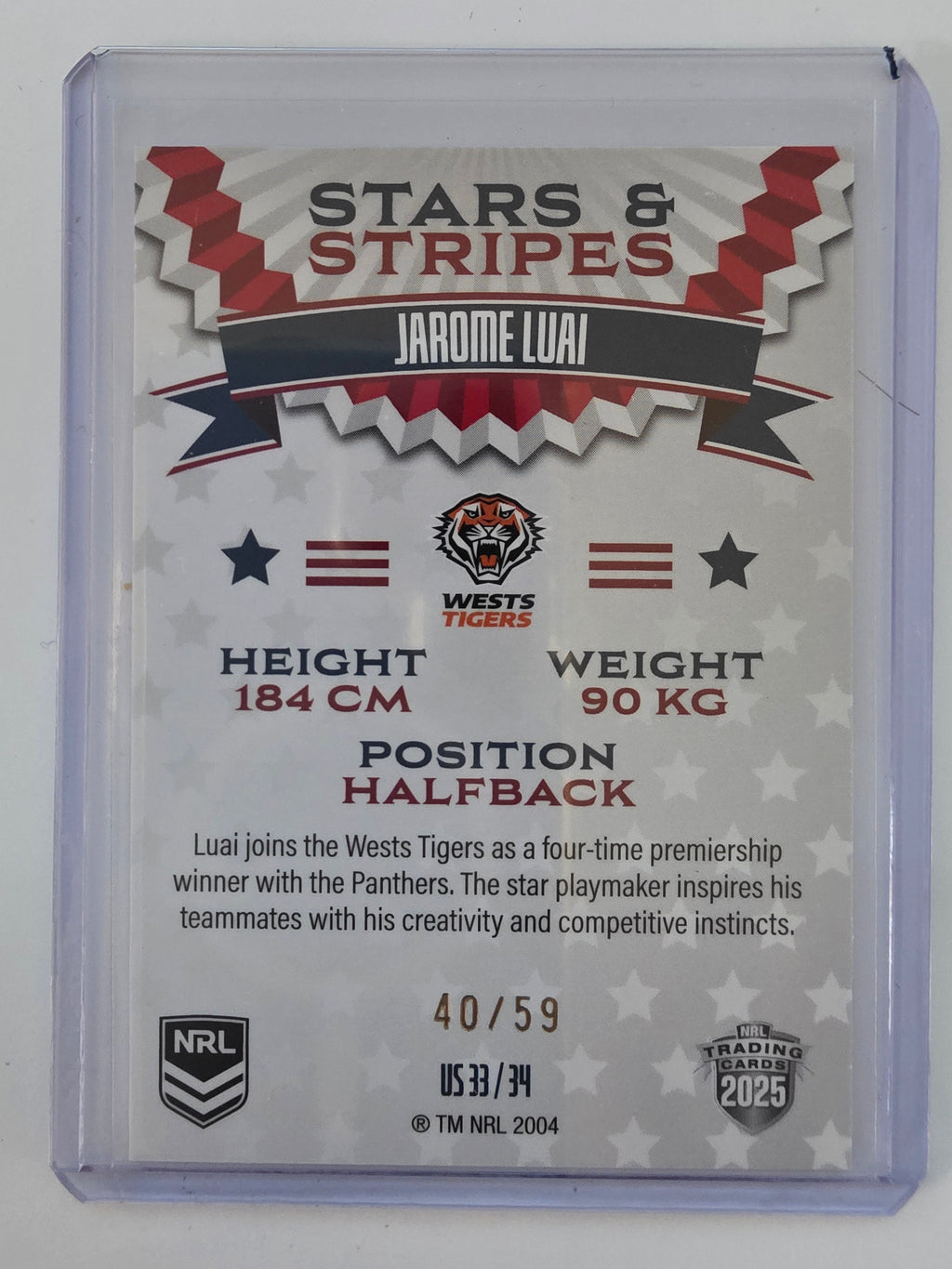 NRL 2025 Elite USA Edition | Stars & Stripes |#US33 | Jarome Luai |#40/59 Tigers