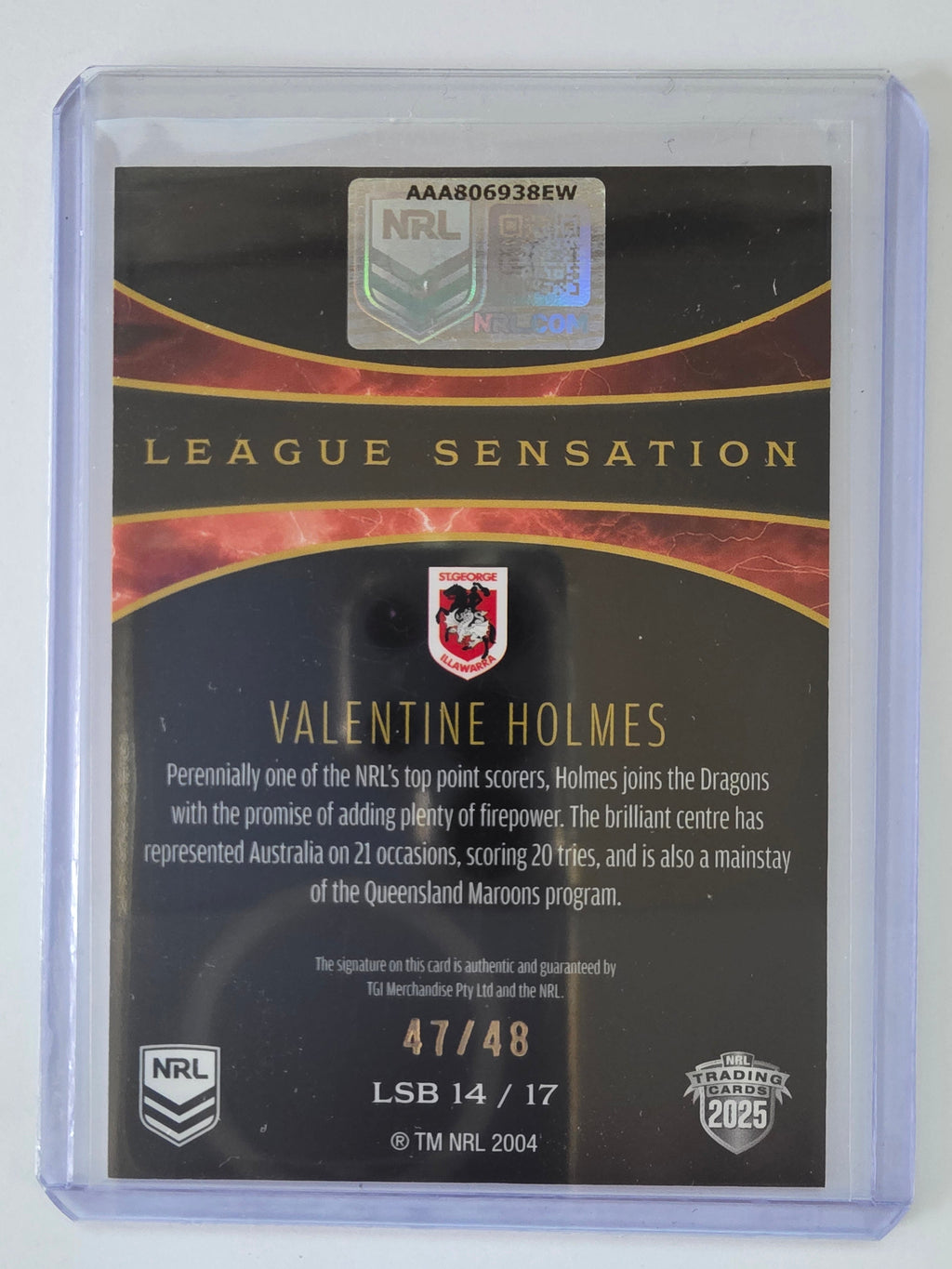 NRL 2025 Elite | League Sensations Black|#LSB14|Valentine Holmes|#47/48|Dragons