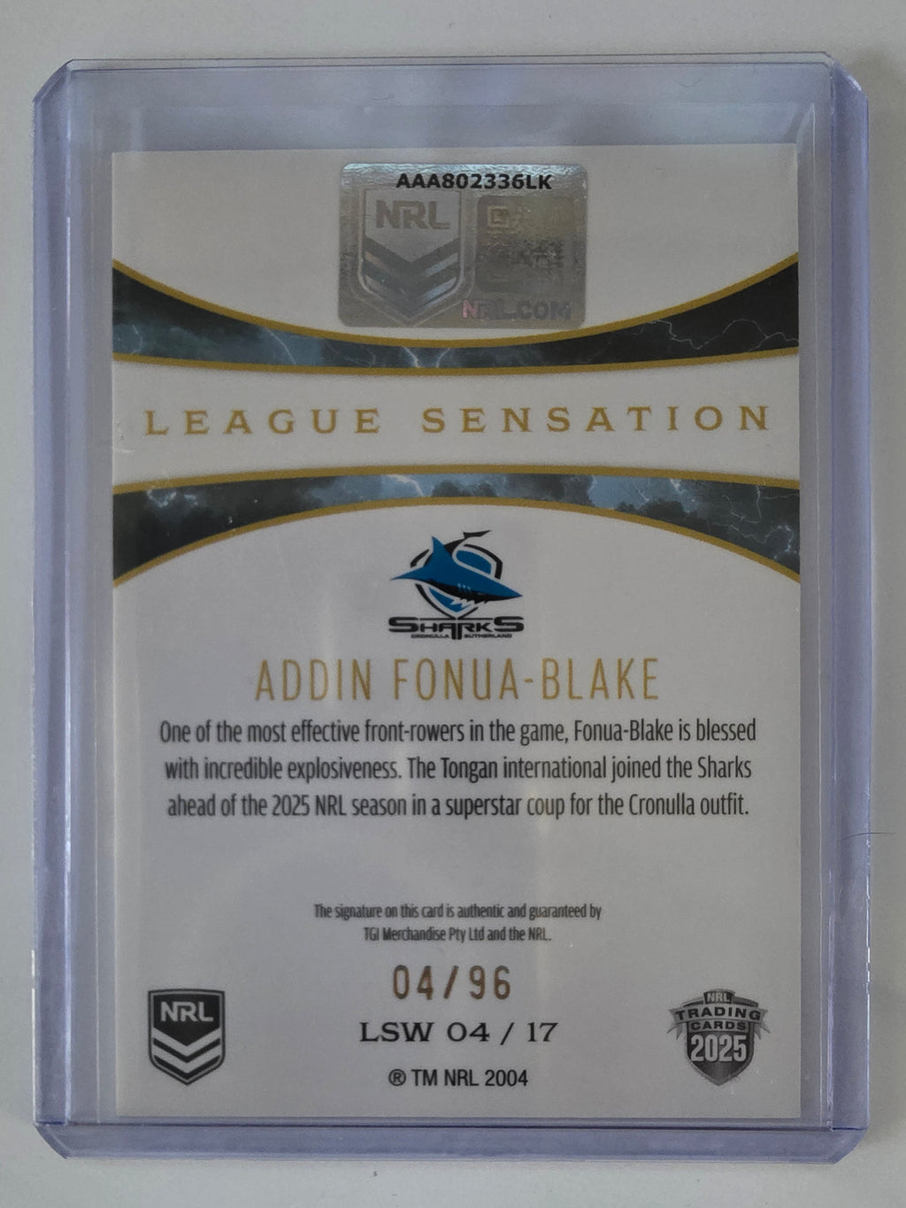 NRL 2025 Elite | League Sensations White |#LSW04|Addin Fonua-Blake|#04/96|Sharks