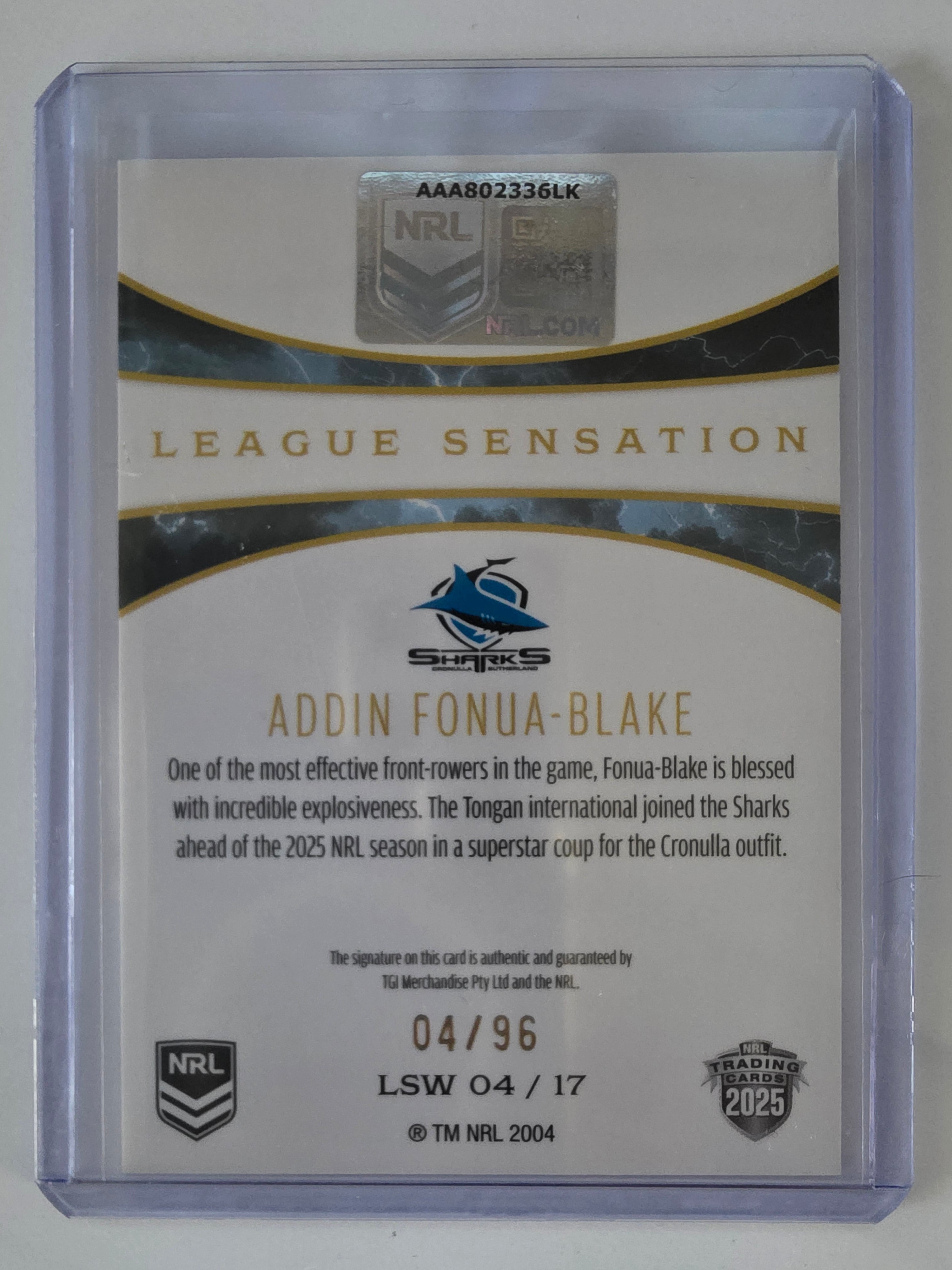 NRL 2025 Elite | League Sensations White |#LSW04|Addin Fonua-Blake|#04/96|Sharks