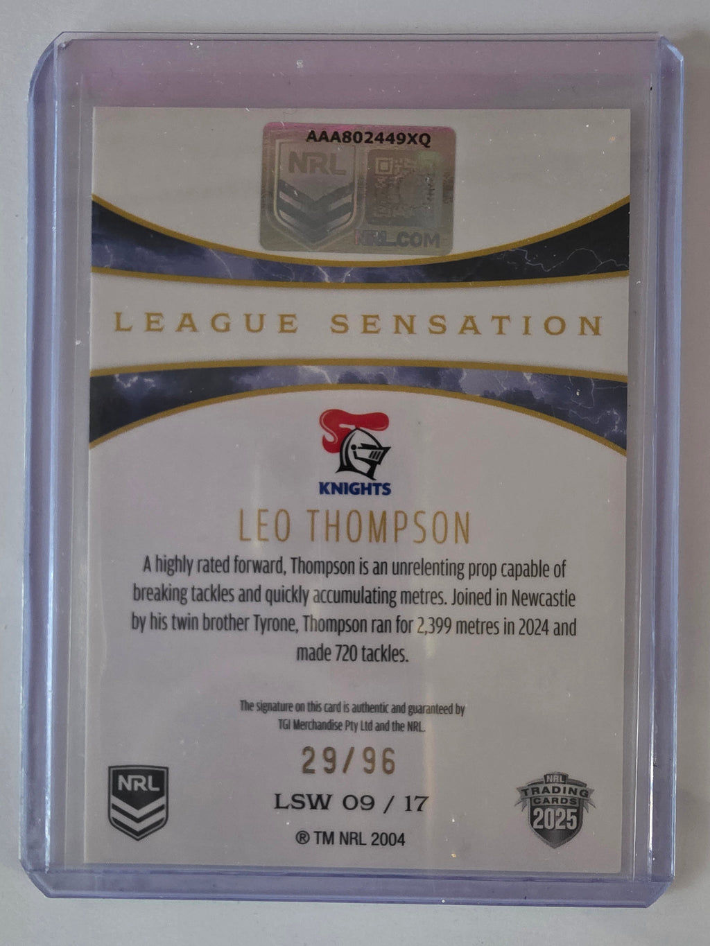 NRL 2025 Elite | League Sensations White | #LSW09 | Leo Thompson |#29/96|Knights