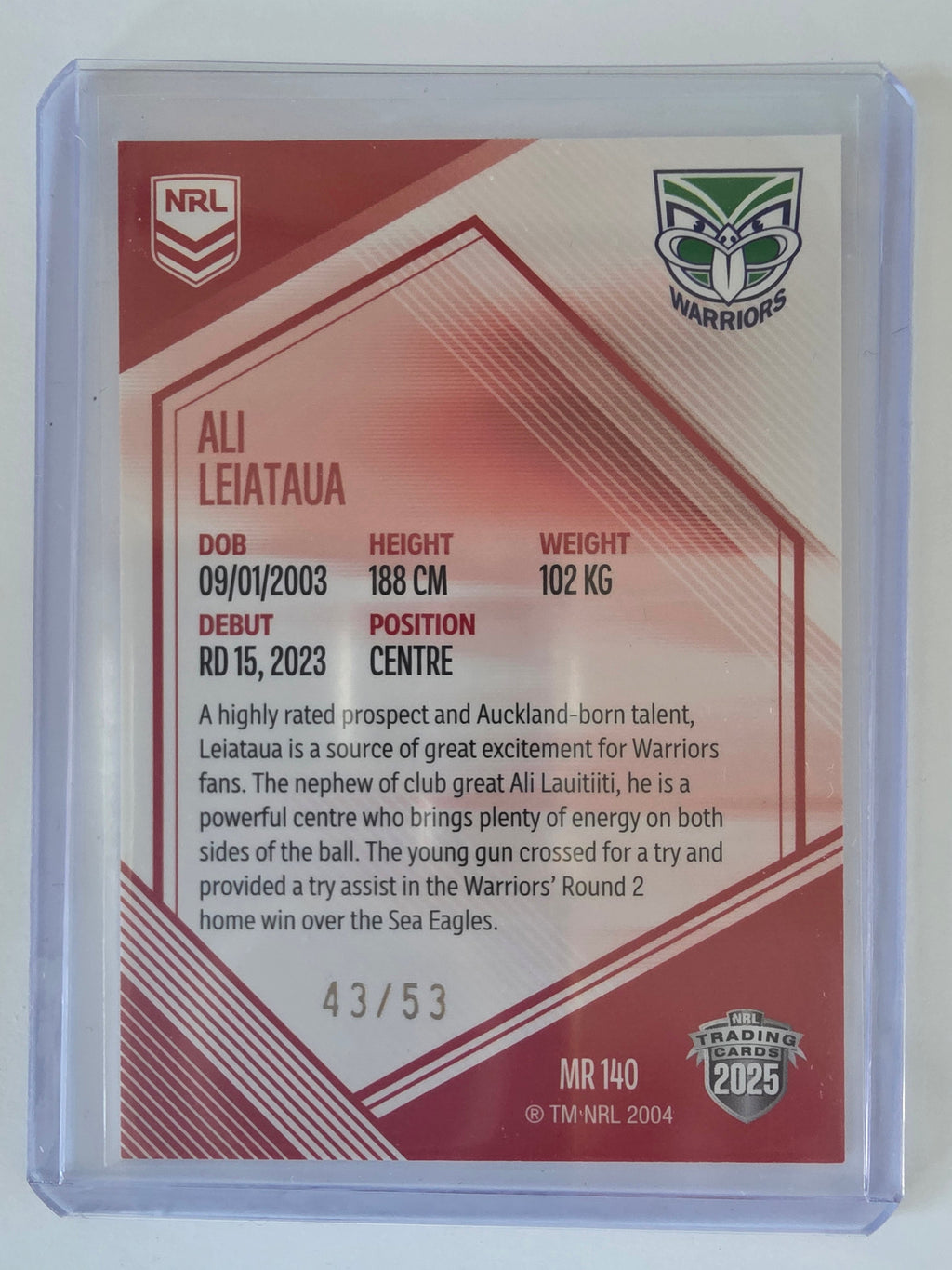 NRL 2025 Elite | Mojo Ruby | #MR140 | Ali Leiataua | #43/53 | Warriors