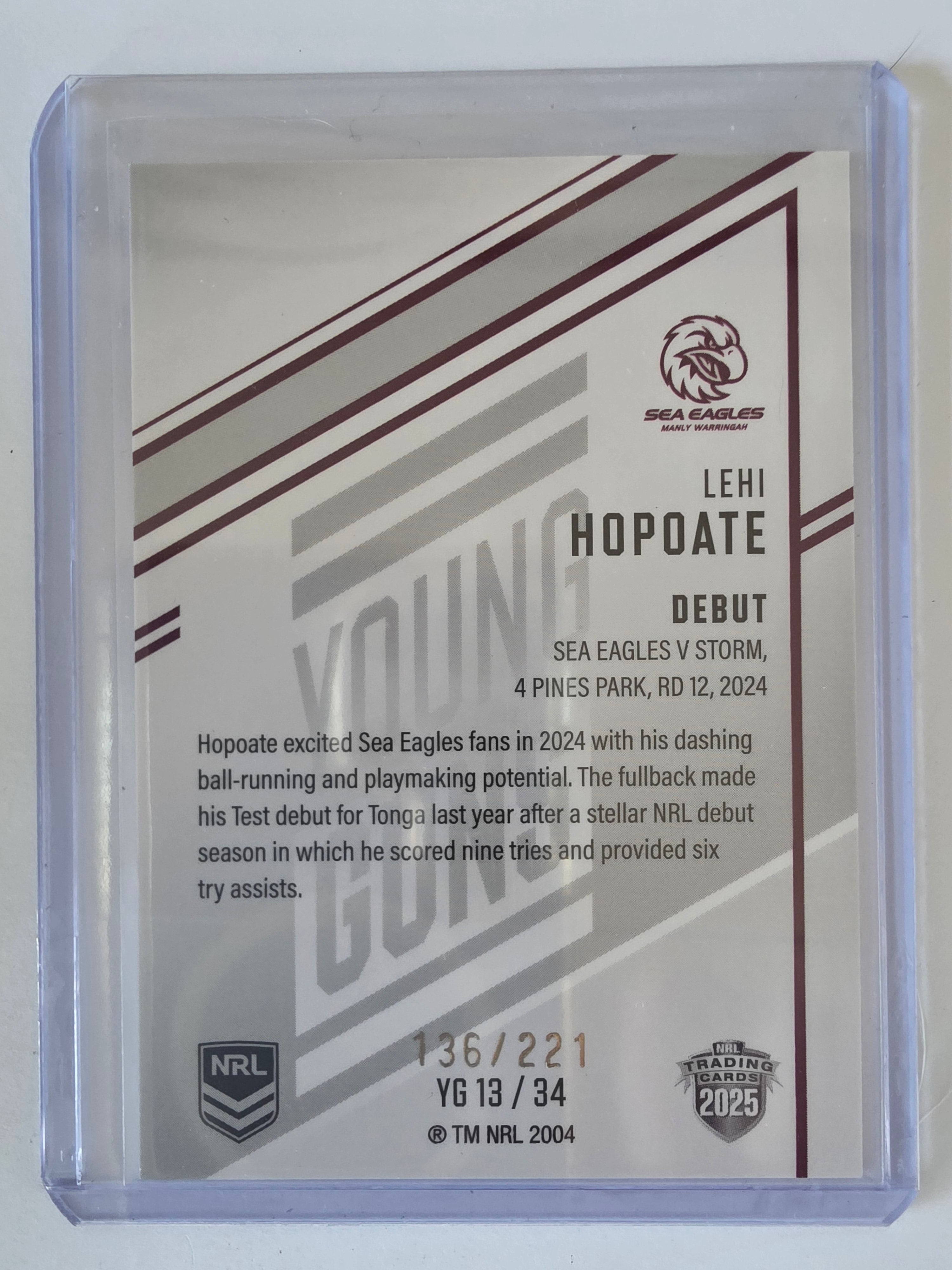 NRL 2025 Elite | Young Guns White | #YG13 | Lehi Hopoate | #136/221 | Sea Eagles