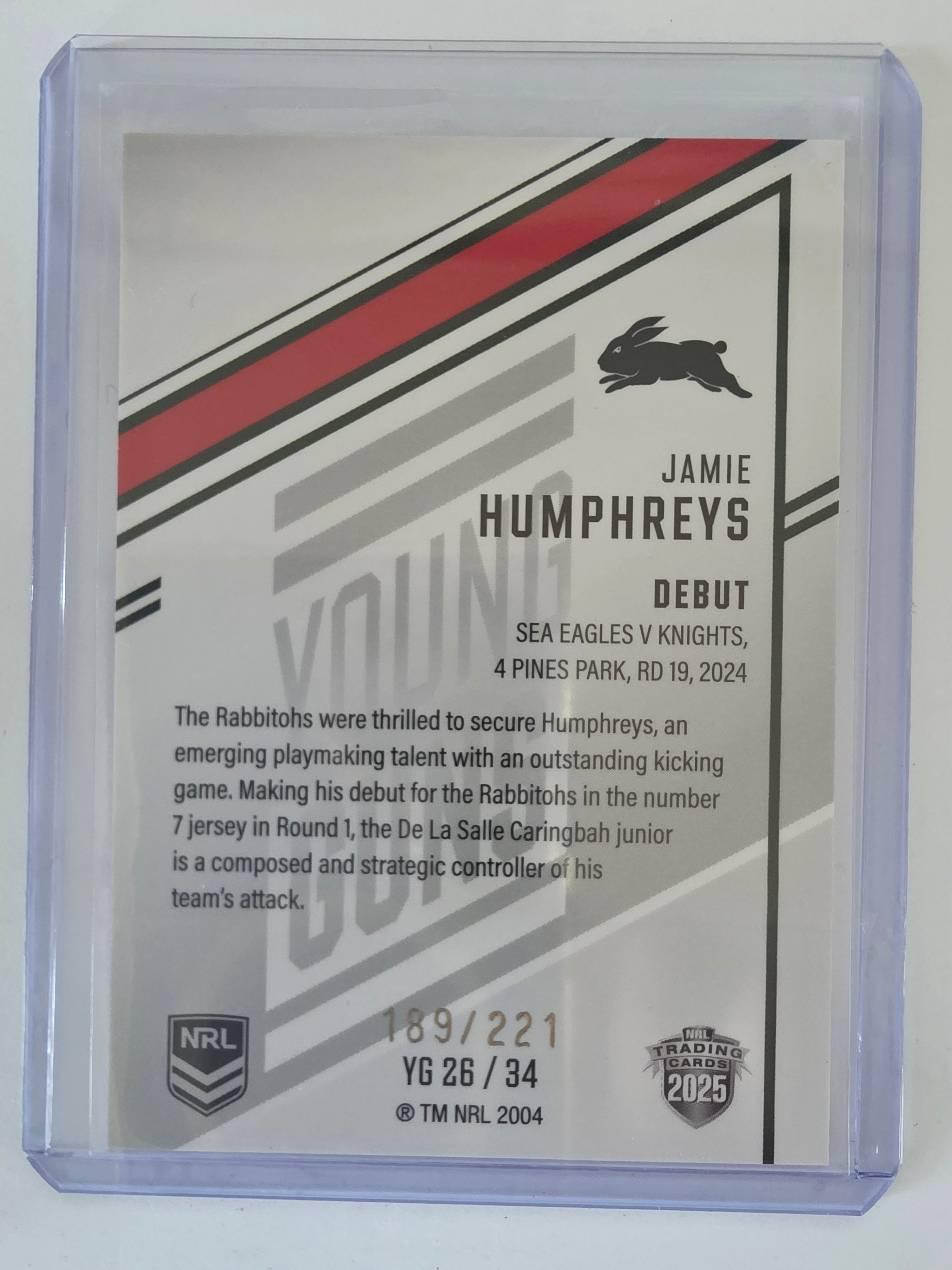 NRL 2025 Elite | Young Guns White | #YG26 | Jamie Humphreys #189/221 | Rabbitohs
