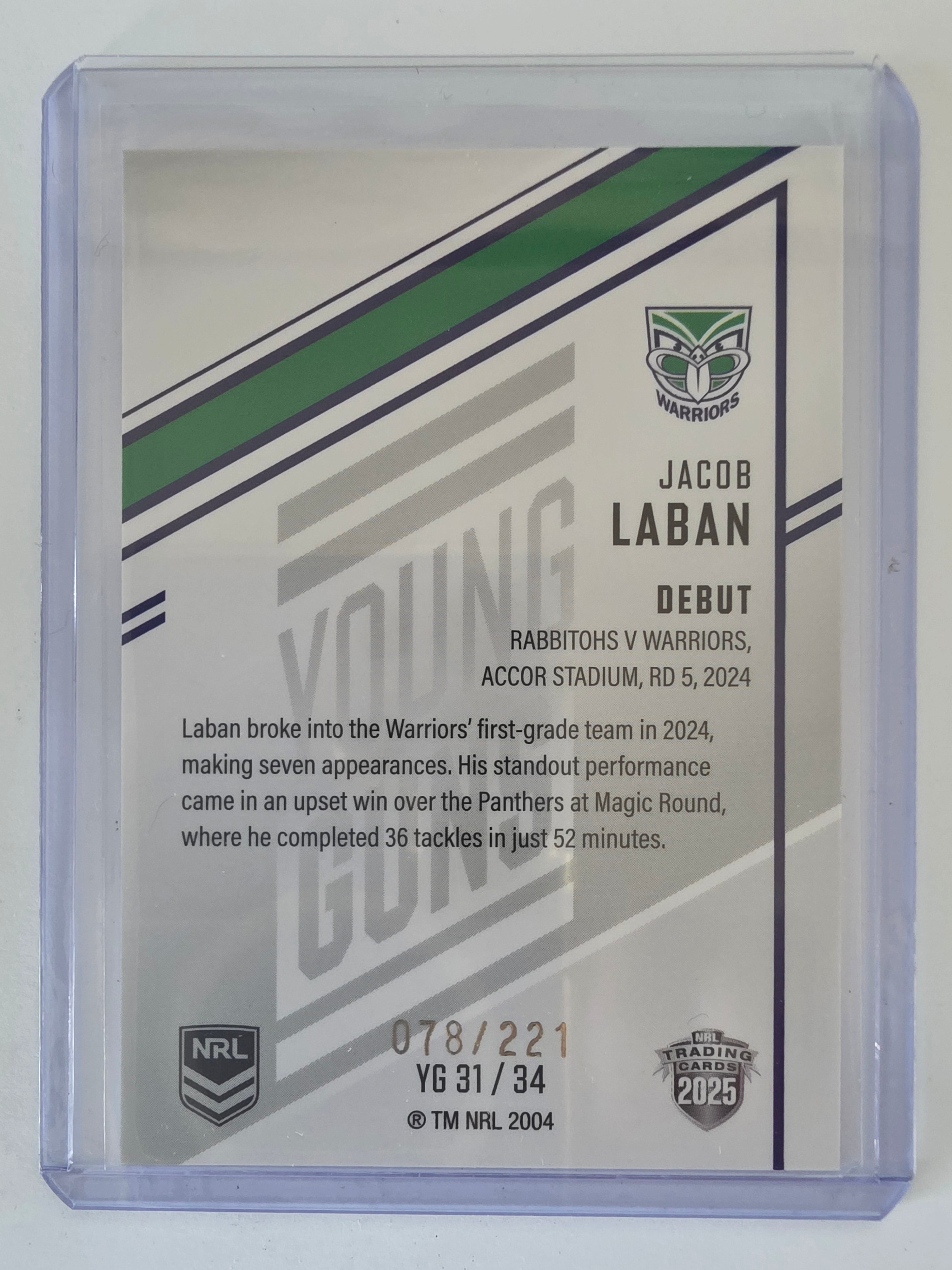 NRL 2025 Elite | Young Guns White | #YG31 | Jacob Laban | #078/221 | Warriors
