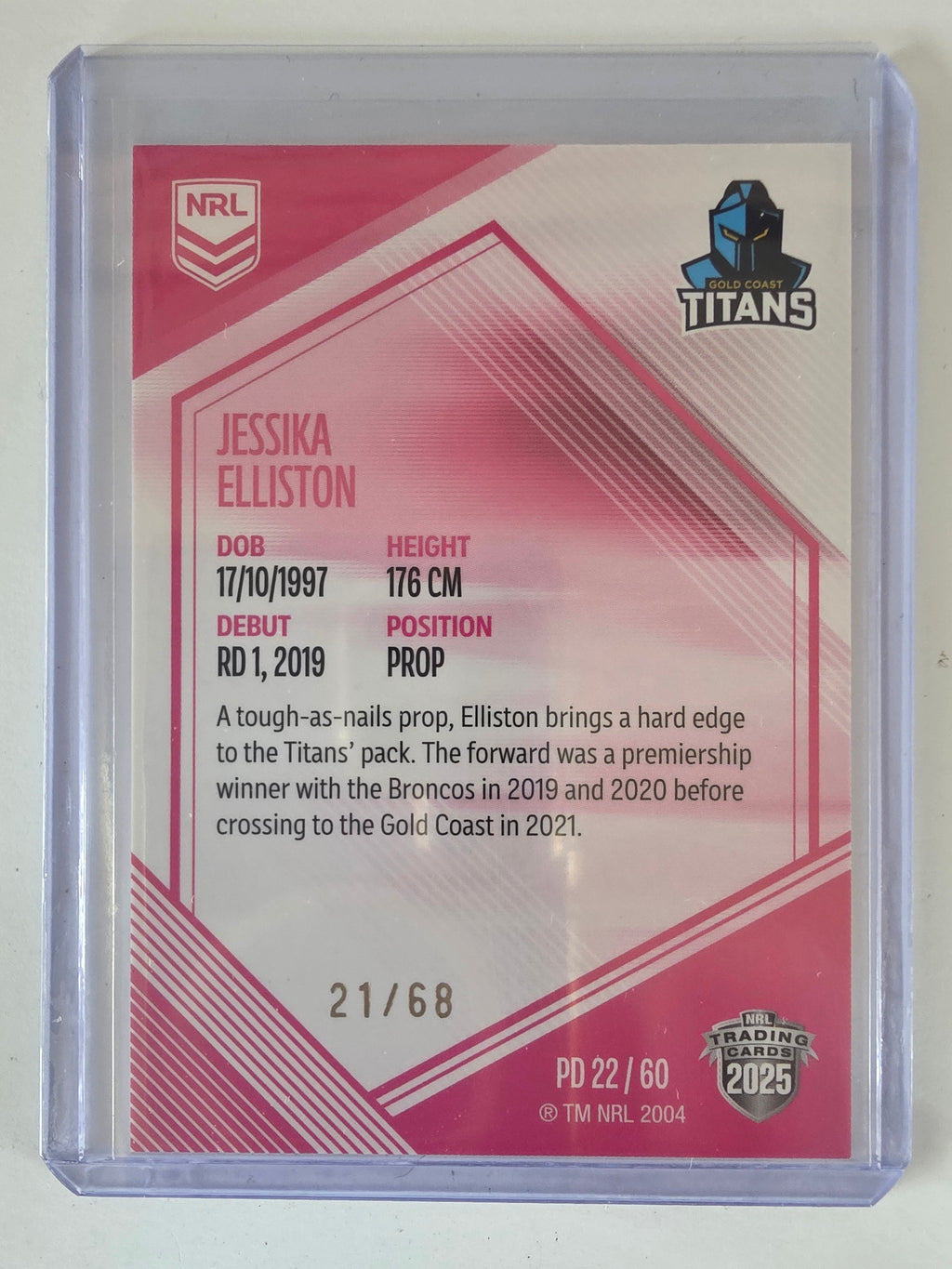 NRL 2025 Elite | Mojo Pink Diamond | #PD22 | Jessika Elliston | #21/68 | Titans