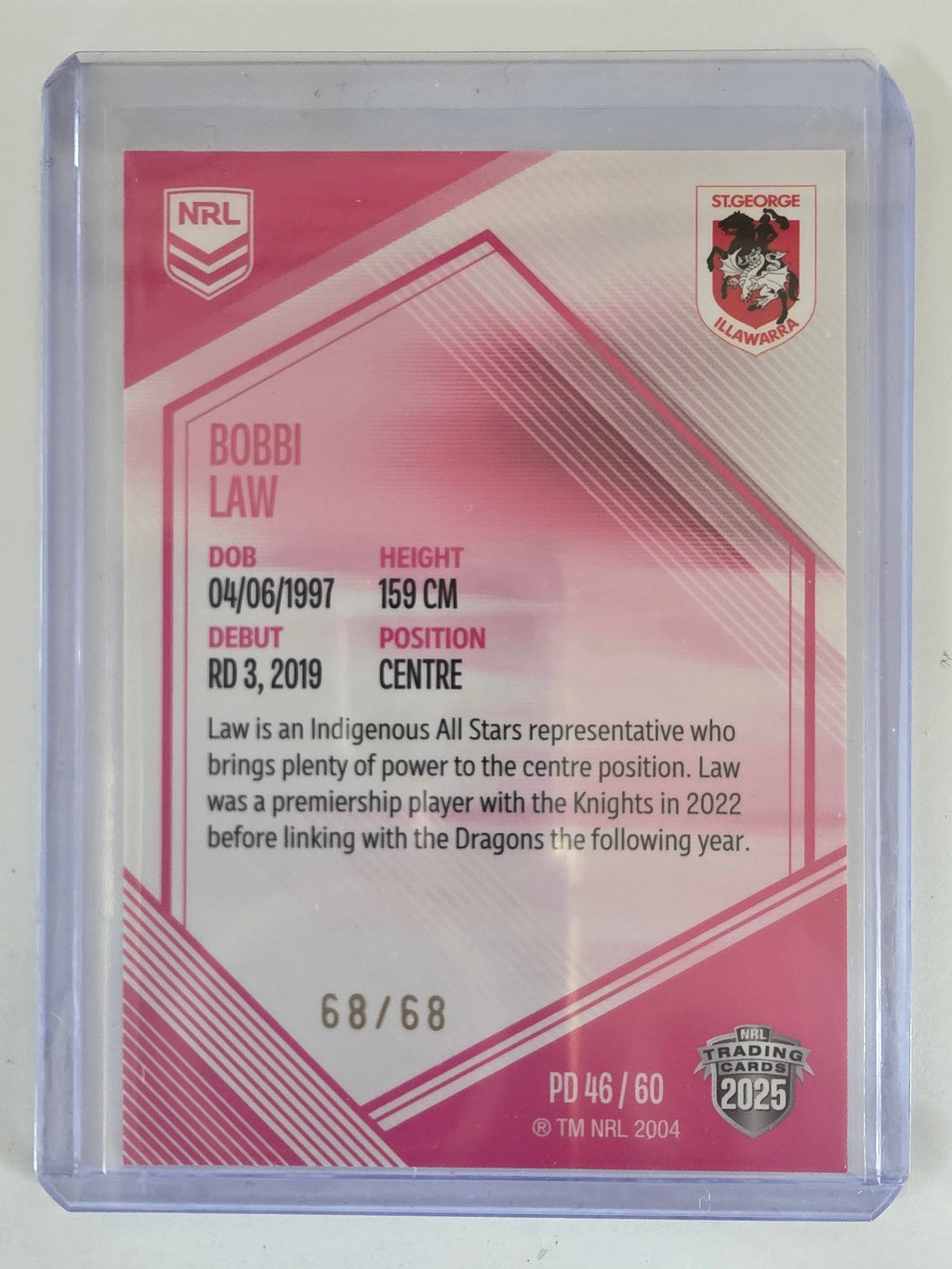 NRL 2025 Elite | Mojo Pink Diamond | #PD46 | Bobbi Law | #68/68 | Dragons