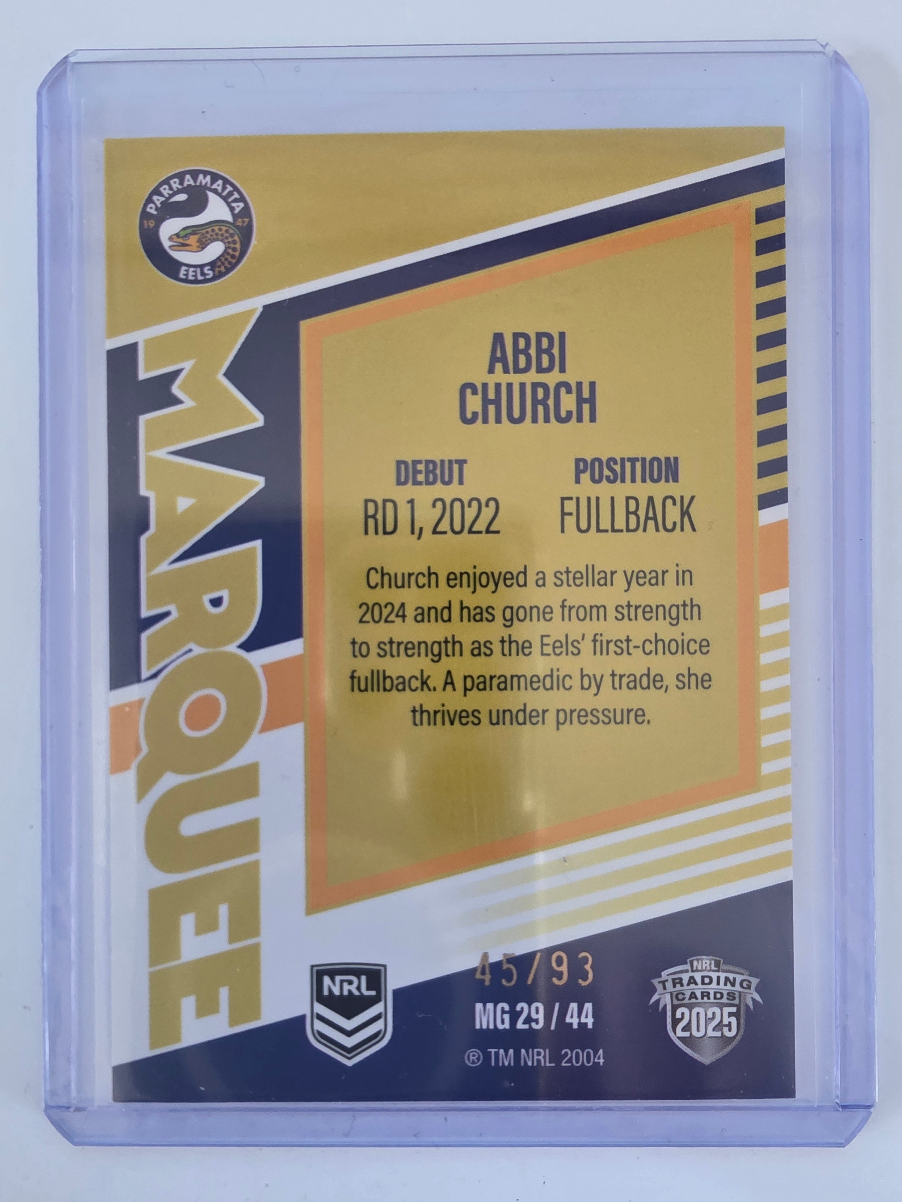 NRL 2025 Elite | Marquee Gold | #MG29 | Abbi Church | #45/93 | Eels