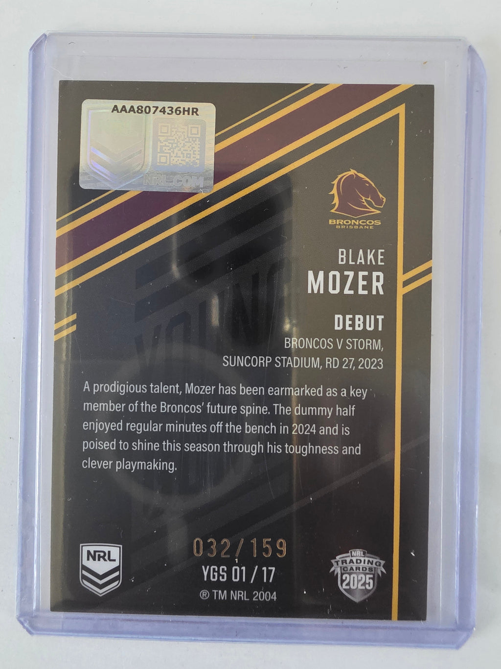 NRL 2025 Elite | Young Guns Black | #YGS01 | Blake Mozer | #032/159 | Broncos