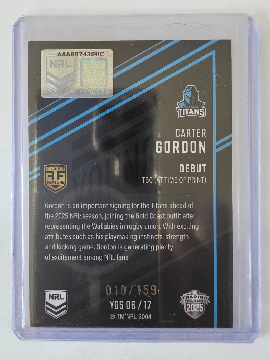 NRL 2025 Elite | Young Guns Black | #YGS06 | Carter Gordon | #010/159 | Titans