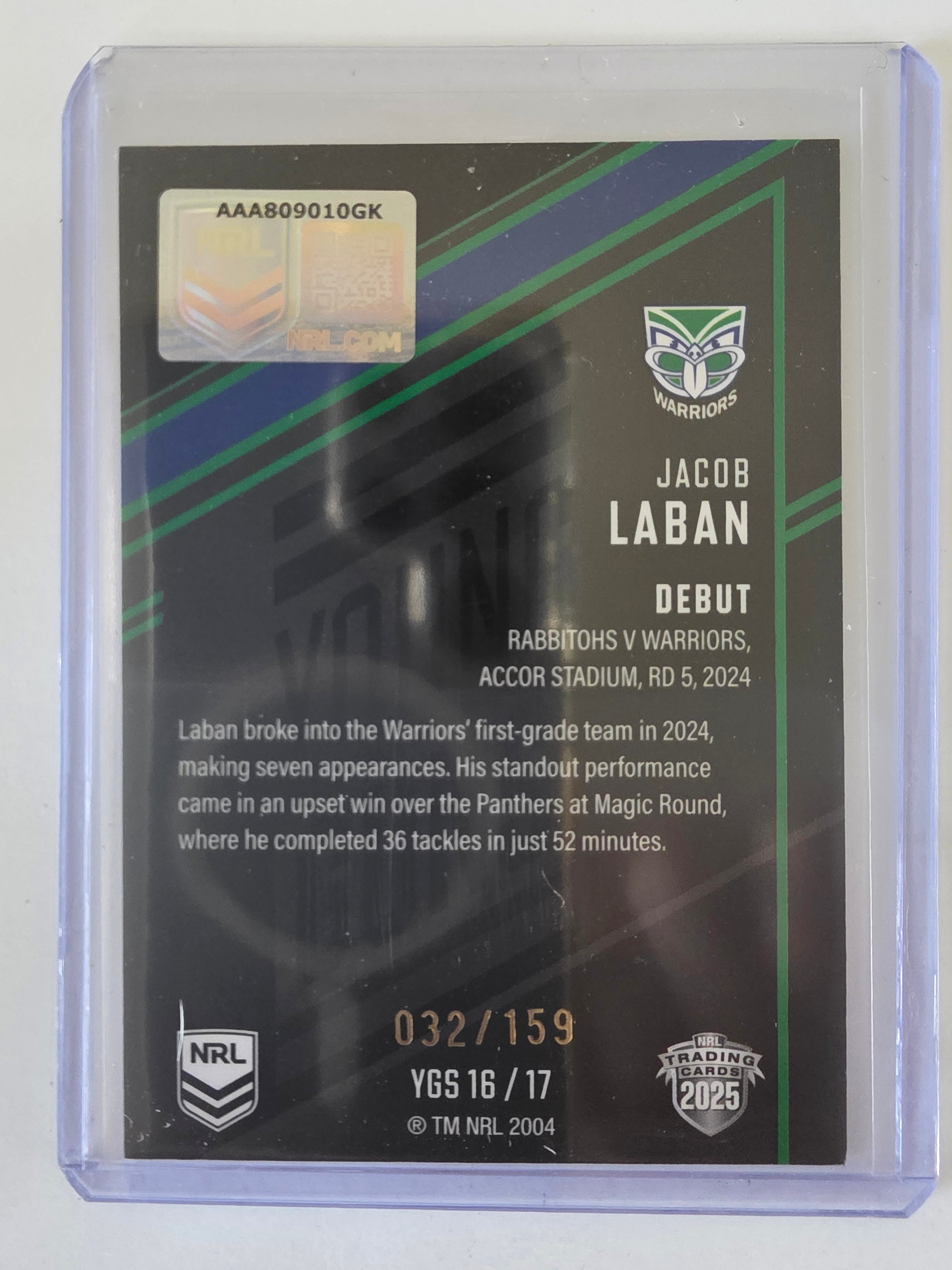 NRL 2025 Elite | Young Guns Black | #YGS16 | Jacob Laban | #032/159 | Warriors