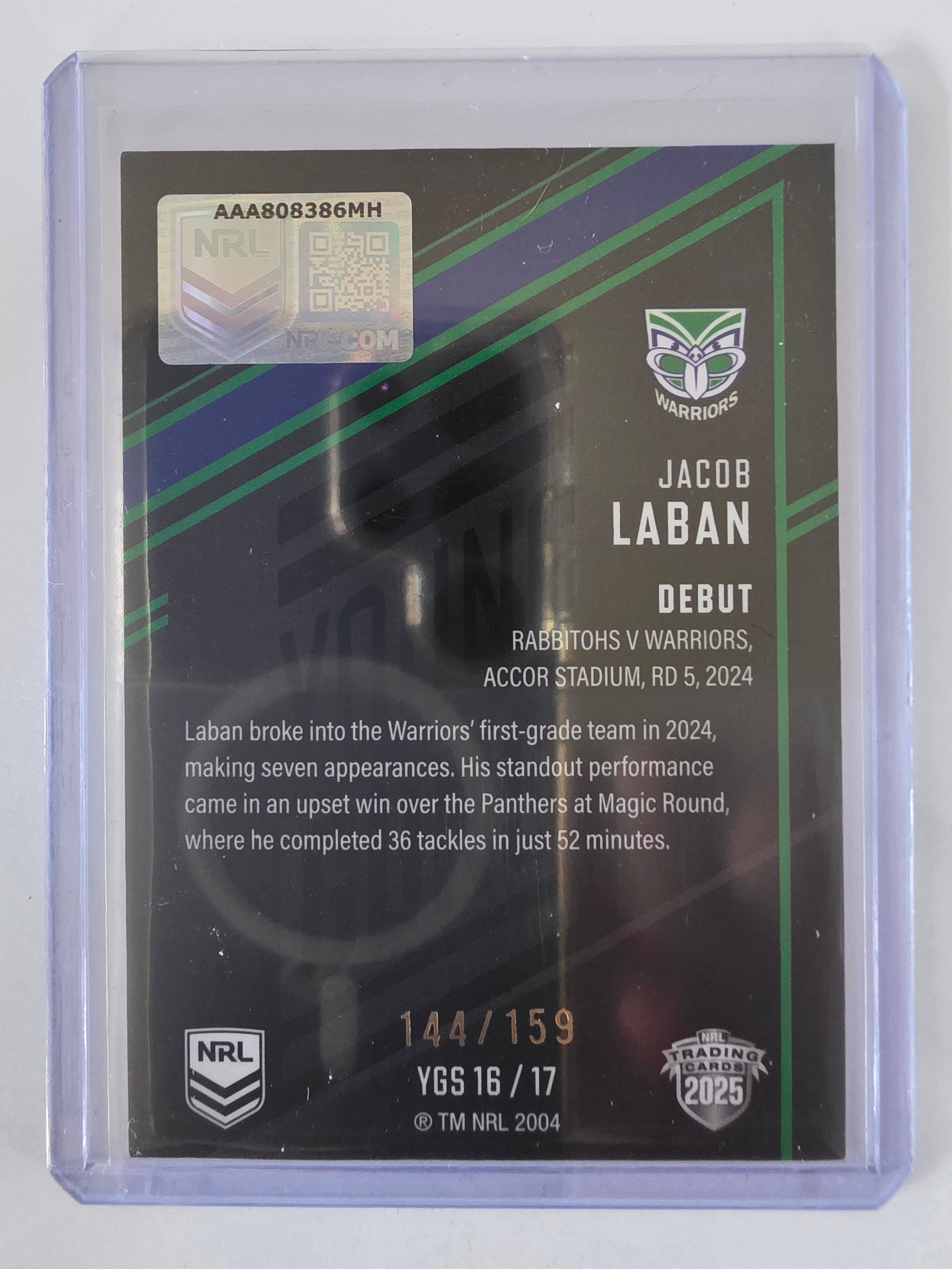 NRL 2025 Elite | Young Guns Black | #YGS16 | Jacob Laban | #144/159 | Warriors