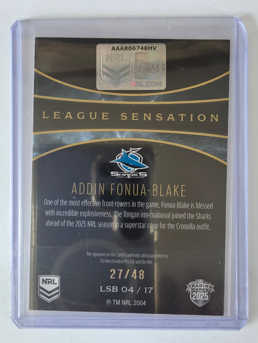NRL 2025 Elite | League Sensations Black |#LSB04|Addin Fonua-Blake|#27/48|Sharks