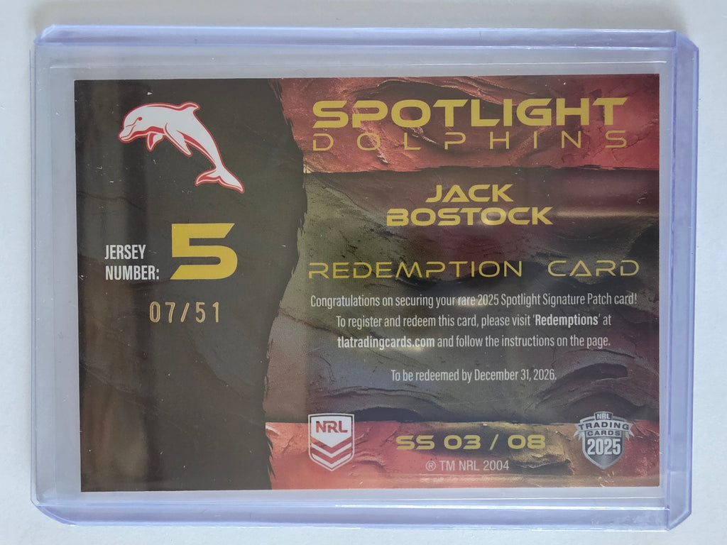 NRL 25 Elite Spotlight Jersey Patch Signature Booklet #SS03 Jack Bostock #07/51