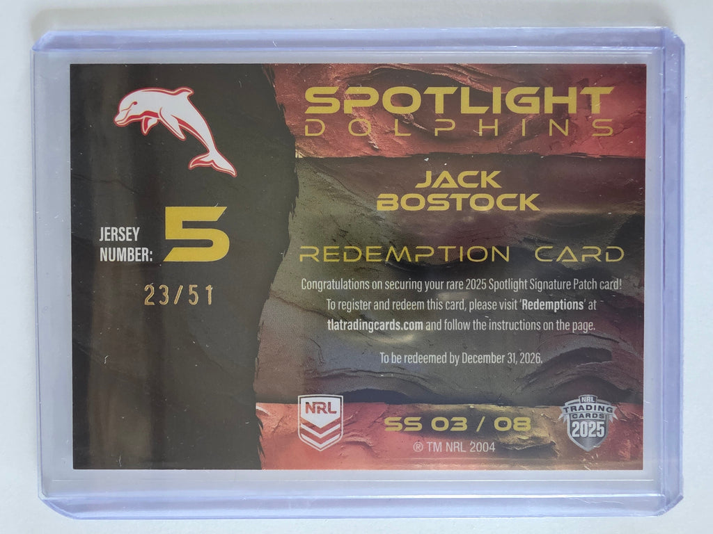 NRL 25 Elite Spotlight Jersey Patch Signature Booklet #SS03 Jack Bostock #23/51