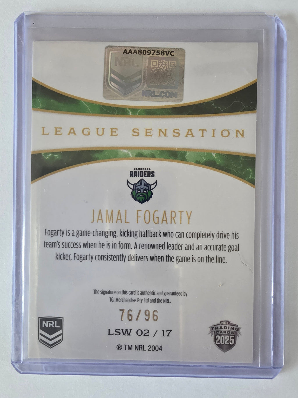 NRL 2025 Elite | League Sensations White | #LSW02 | Jamal Fogarty|#76/96|Raiders
