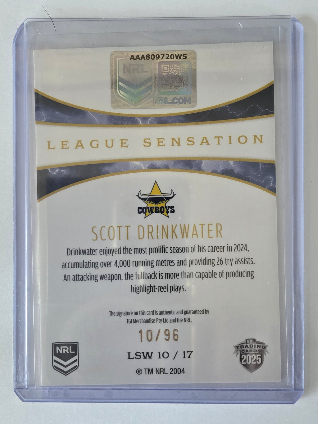NRL 2025 Elite | League Sensations White |#LSW10|Scott Drinkwater|#10/96|Cowboys