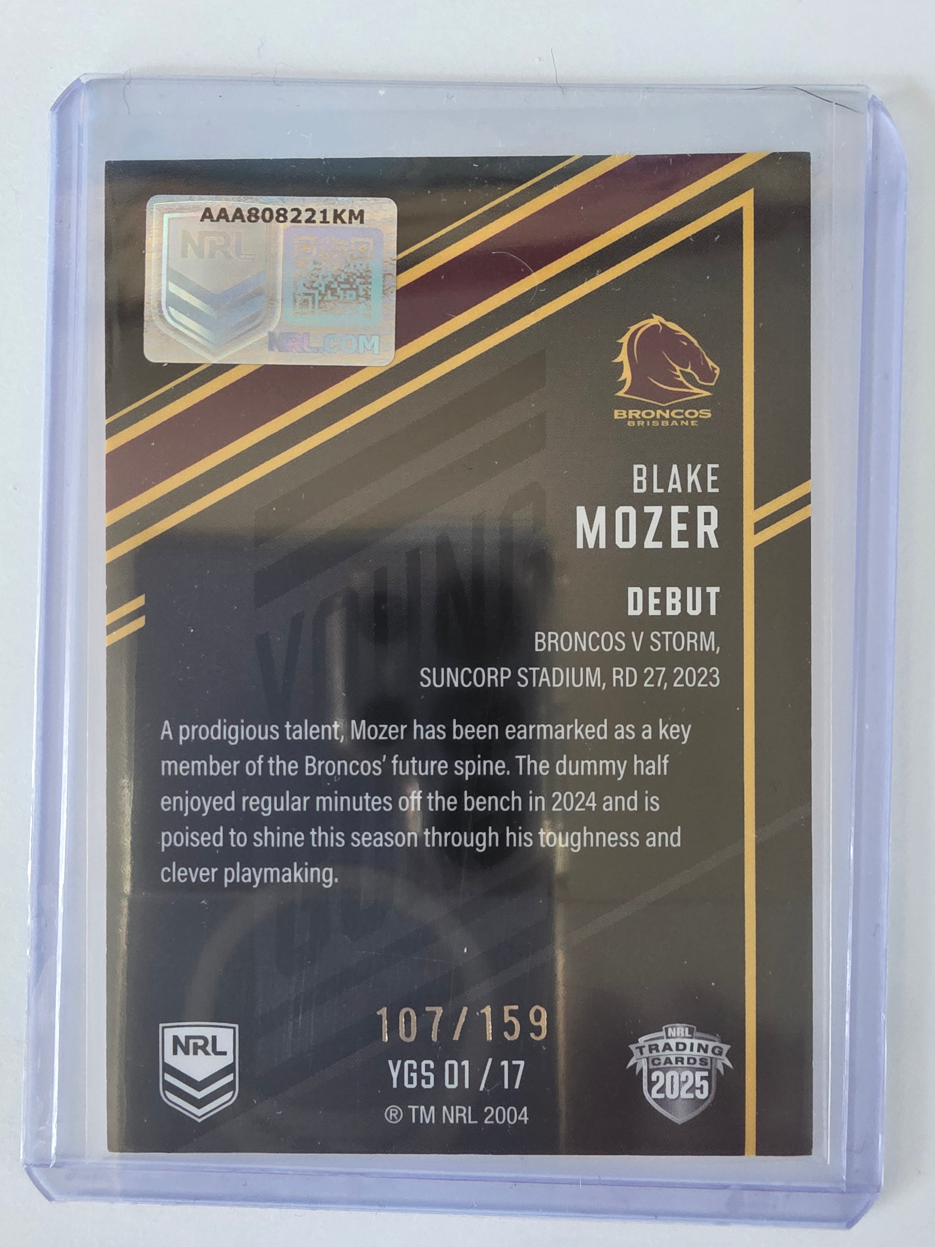 NRL 2025 Elite | Young Guns Black | #YGS01 | Blake Mozer | #107/159 | Broncos