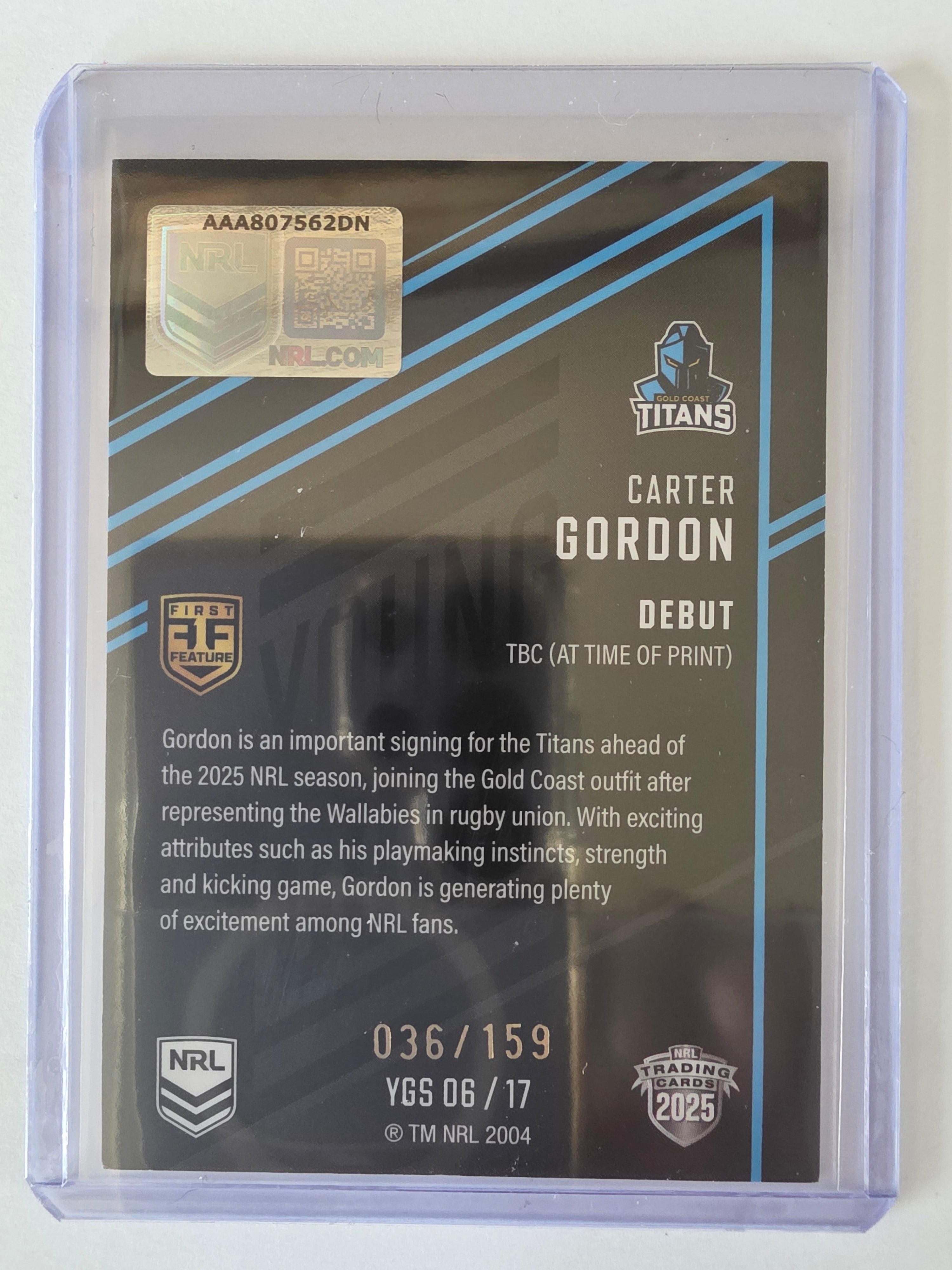 NRL 2025 Elite | Young Guns Black | #YGS06 | Carter Gordon | #036/159 | Titans