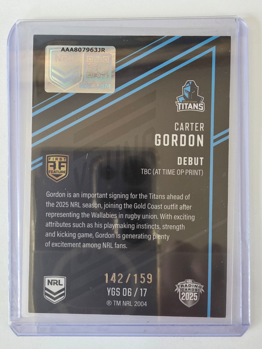NRL 2025 Elite | Young Guns Black | #YGS06 | Carter Gordon | #142/159 | Titans