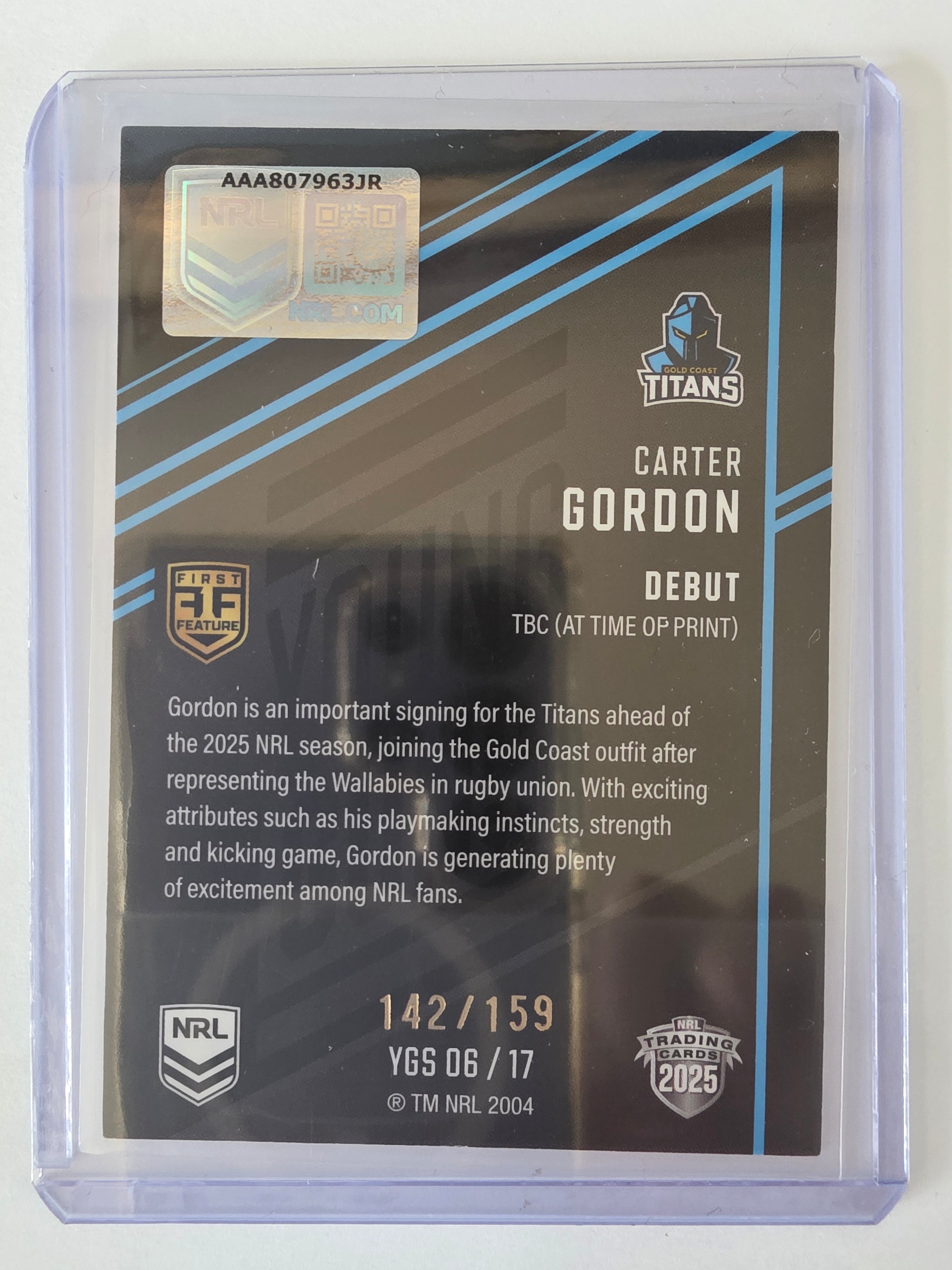 NRL 2025 Elite | Young Guns Black | #YGS06 | Carter Gordon | #142/159 | Titans