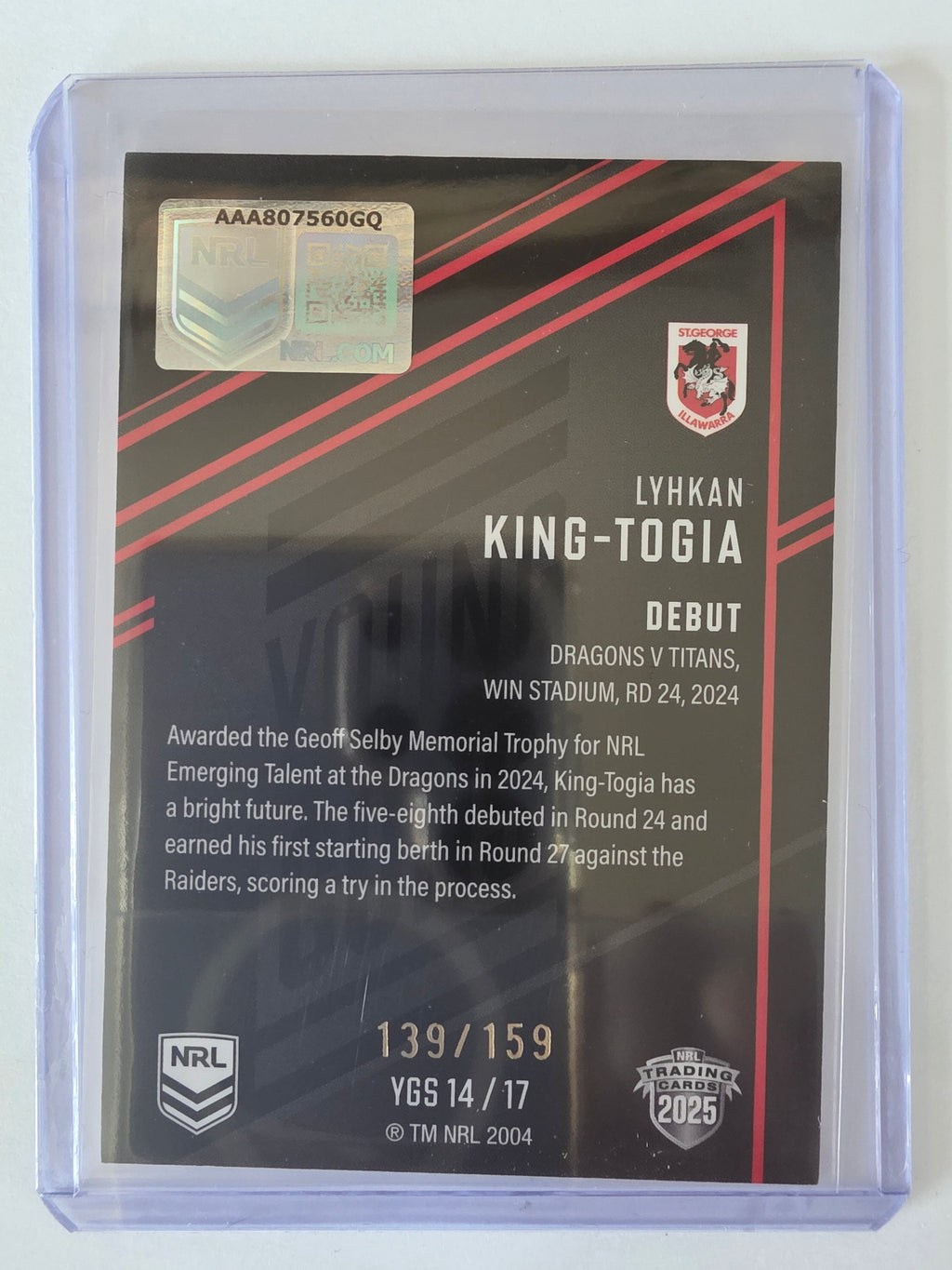 NRL 2025 Elite | Young Guns Black | #YGS14 | Lyhkan King-Togia #139/159 Dragons