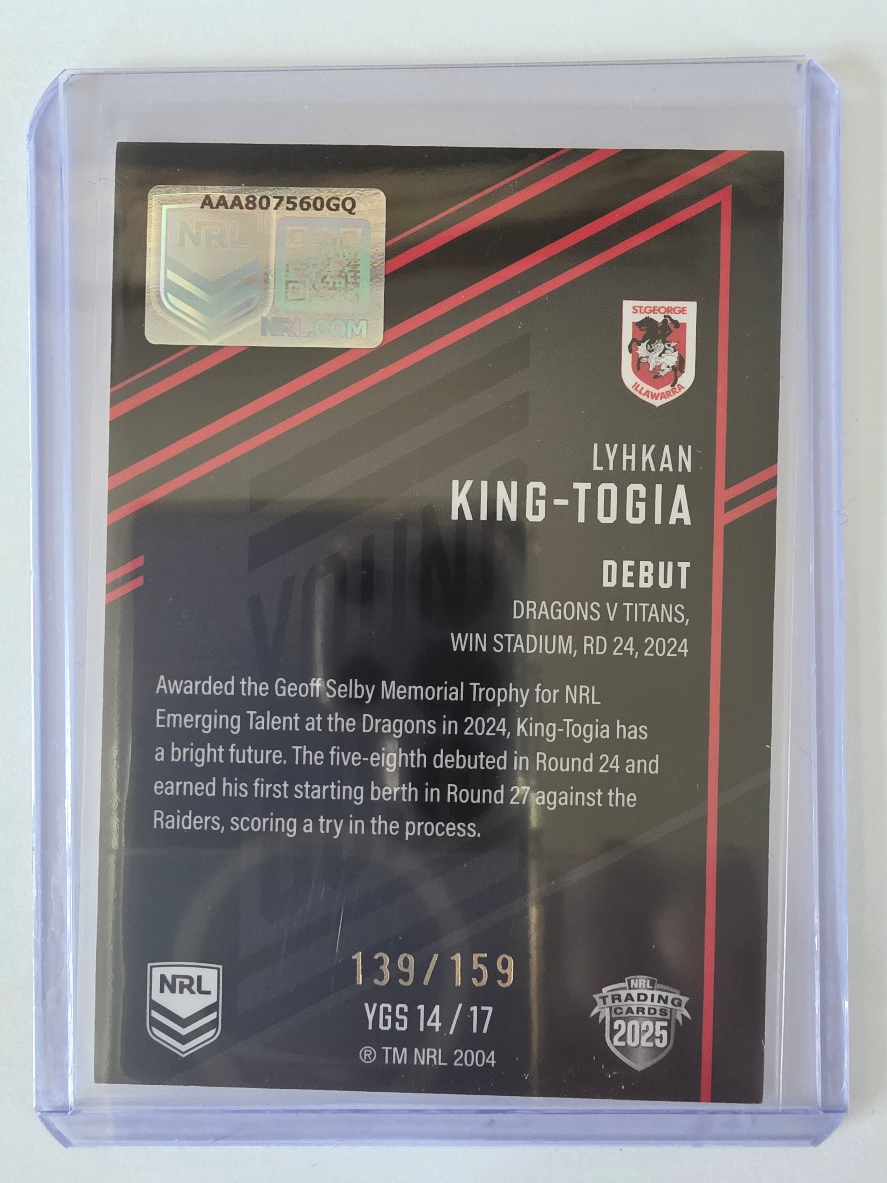 NRL 2025 Elite | Young Guns Black | #YGS14 | Lyhkan King-Togia #139/159 Dragons