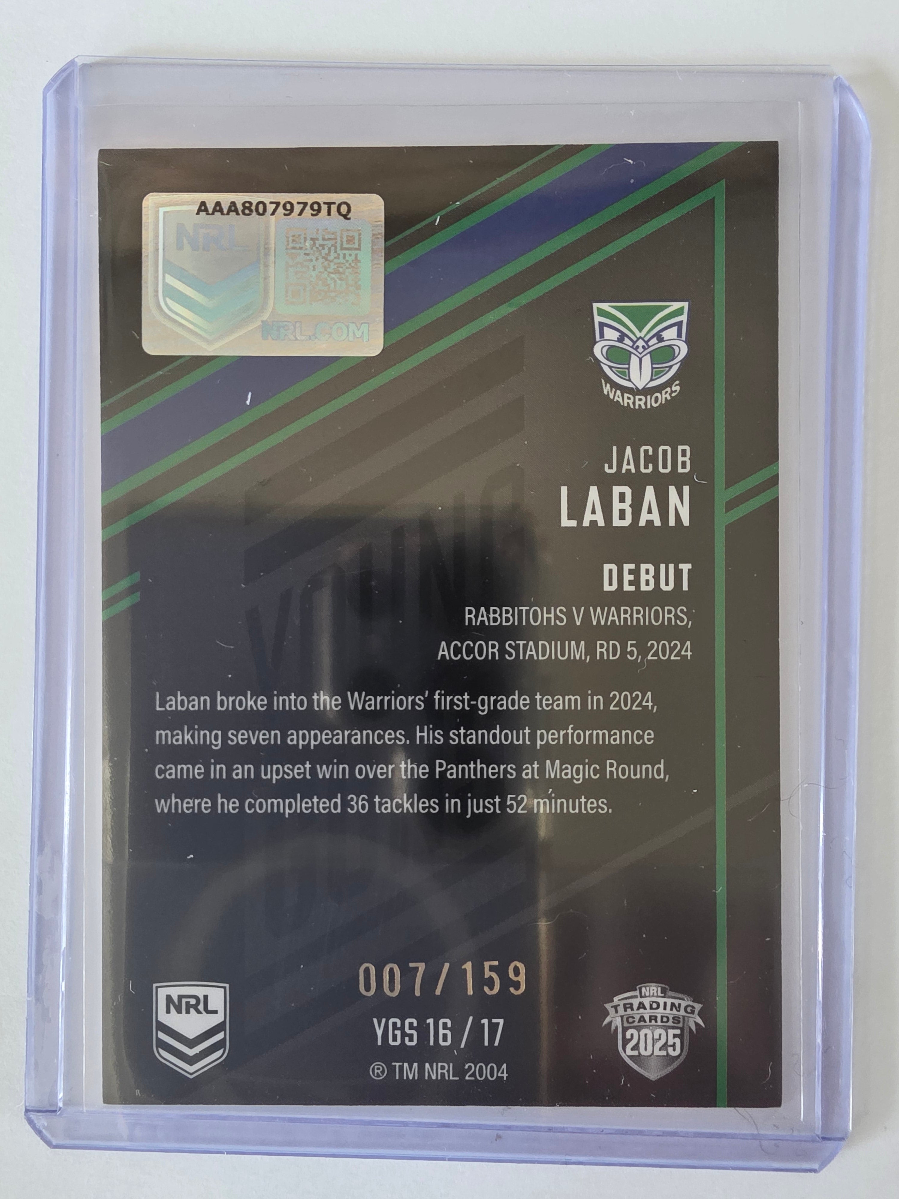 NRL 2025 Elite | Young Guns Black | #YGS16 | Jacob Laban | #007/159 | Warriors