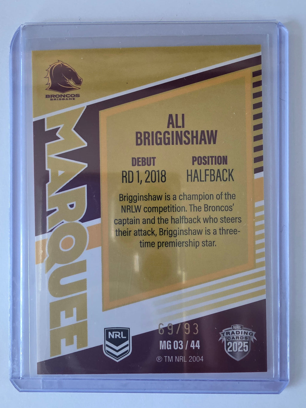 NRL 2025 Elite | Marquee Gold | #MG03 | Ali Brigginshaw | #69/93 | Broncos