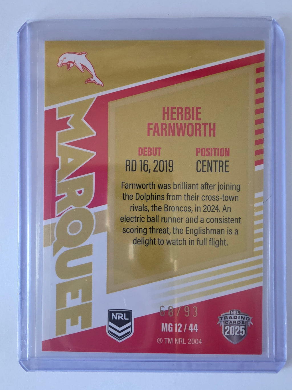 NRL 2025 Elite | Marquee Gold | #MG12 | Herbie Farnworth | #68/93 | Dolphins