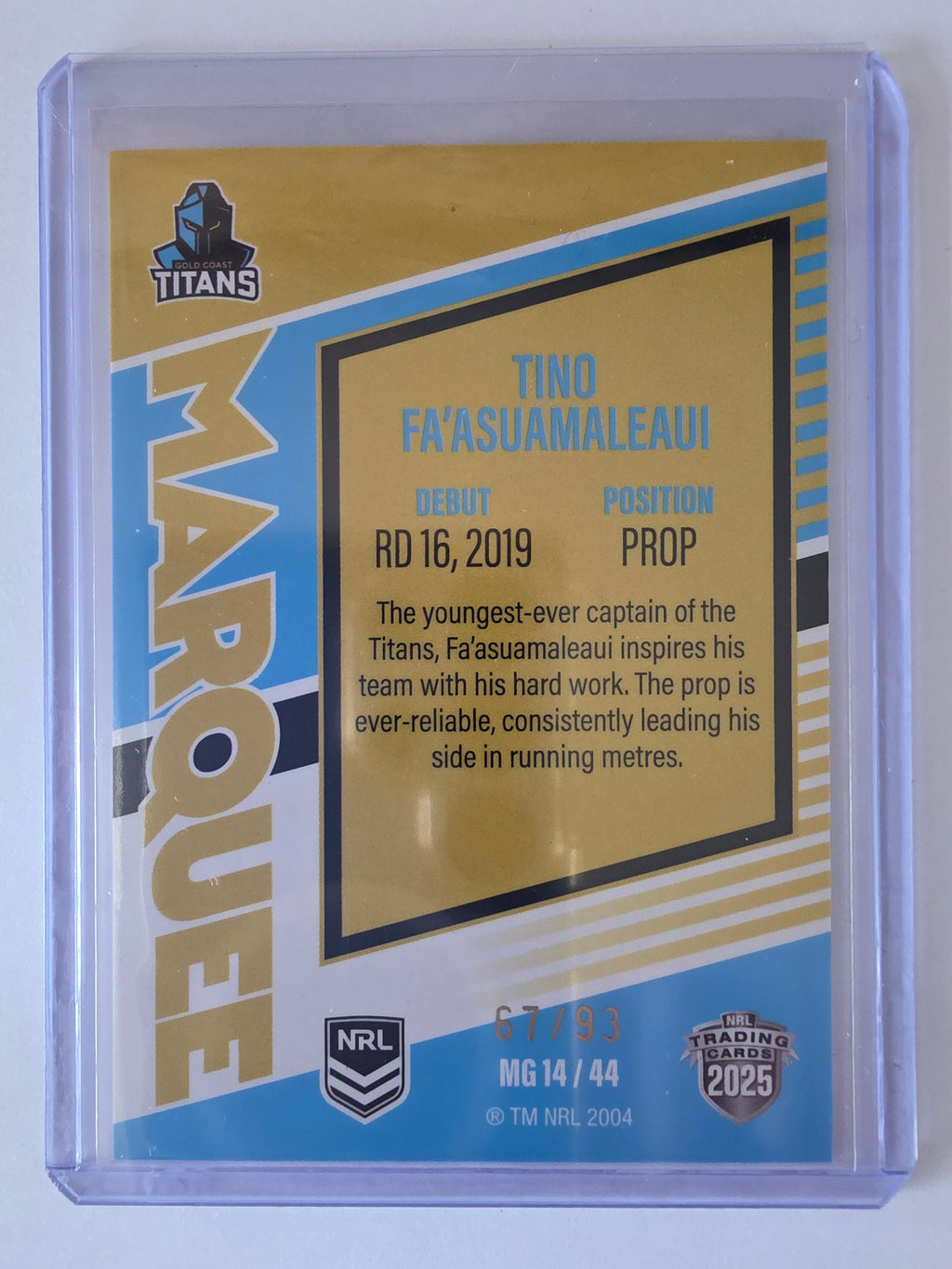 NRL 2025 Elite | Marquee Gold | #MG14 | Tino Fa'asuamaleaui | #67/93 | Titans