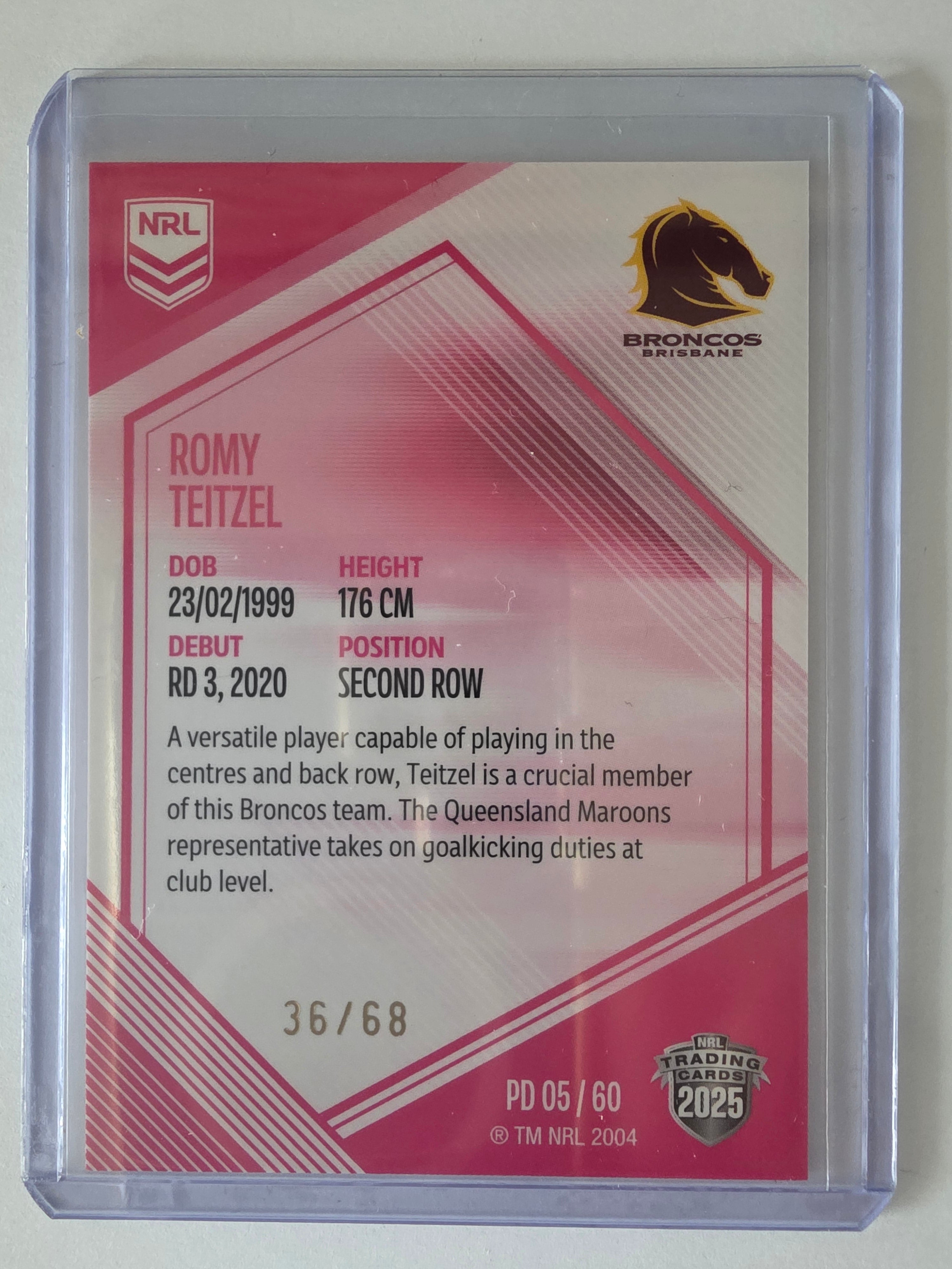 NRL 2025 Elite | Mojo Pink Diamond | #PD05 | Romy Teitzel | #36/68 | Broncos