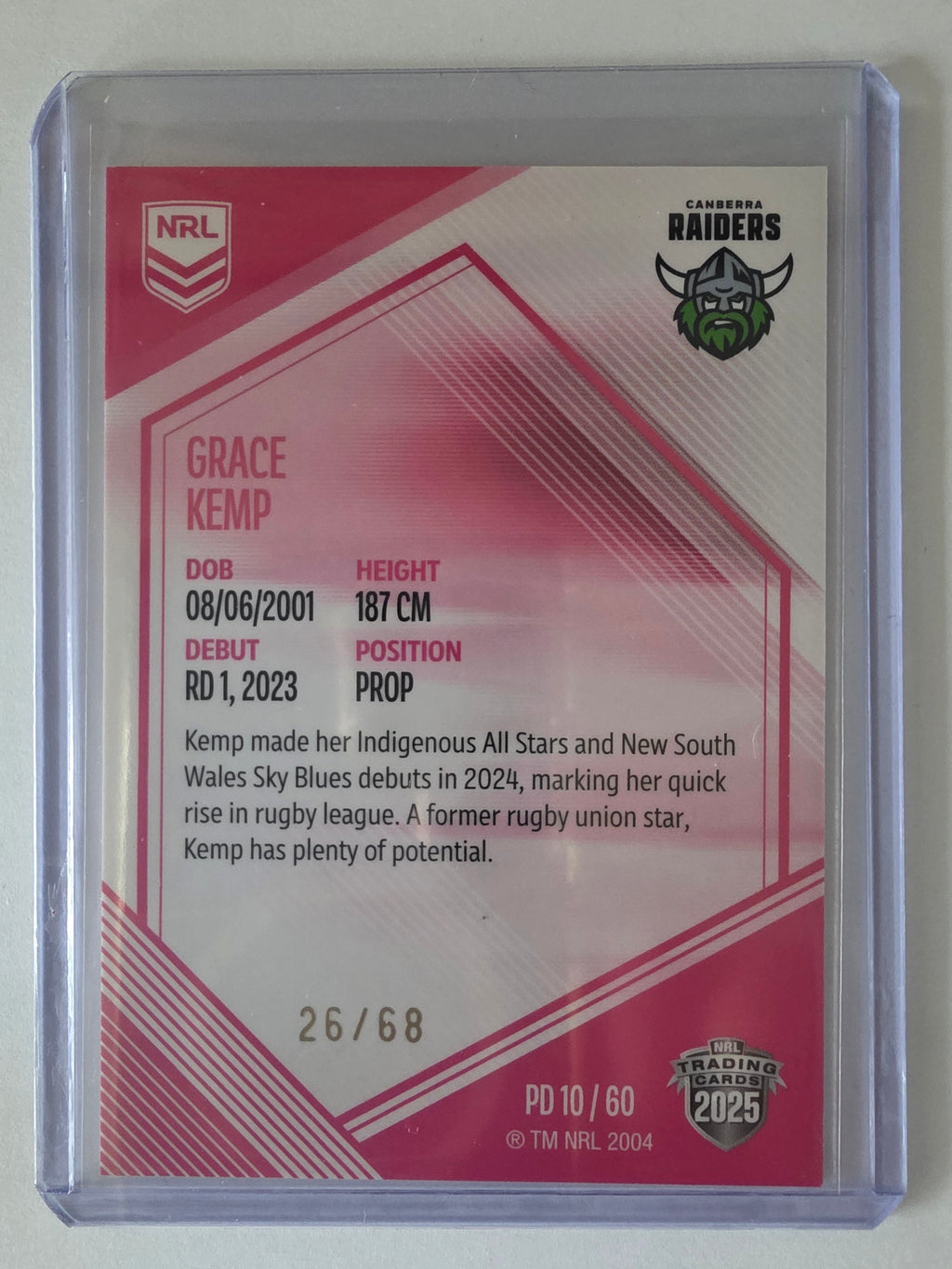 NRL 2025 Elite | Mojo Pink Diamond | #PD10 | Grace Kemp | #26/68 | Raiders
