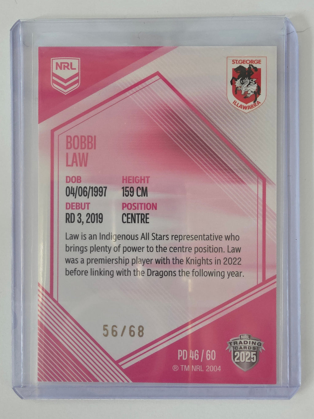 NRL 2025 Elite | Mojo Pink Diamond | #PD46 | Bobbi Law | #56/68 | Dragons
