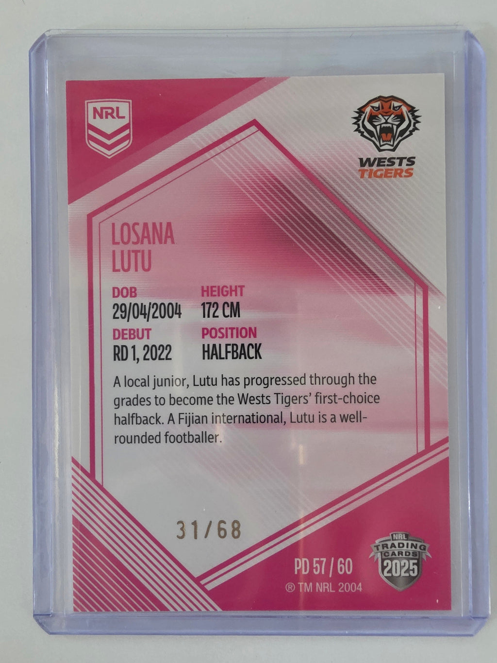 NRL 2025 Elite | Mojo Pink Diamond | #PD57 | Losana Lutu | #31/68 | Tigers