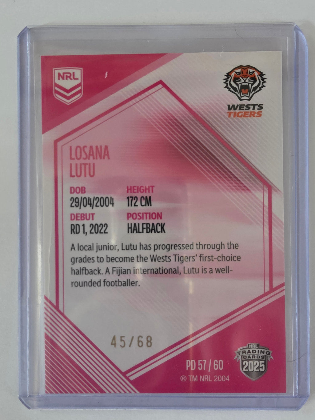NRL 2025 Elite | Mojo Pink Diamond | #PD57 | Losana Lutu | #45/68 | Tigers