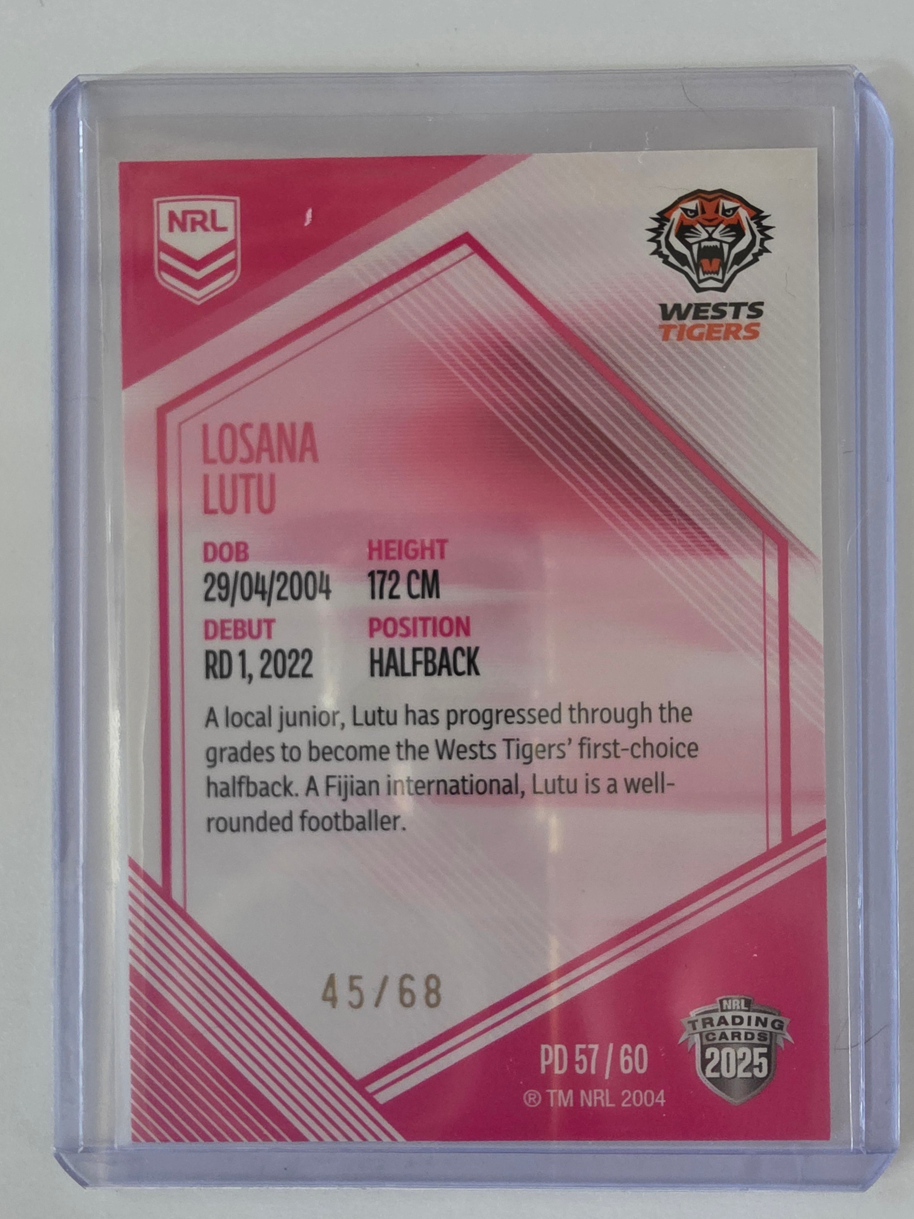NRL 2025 Elite | Mojo Pink Diamond | #PD57 | Losana Lutu | #45/68 | Tigers