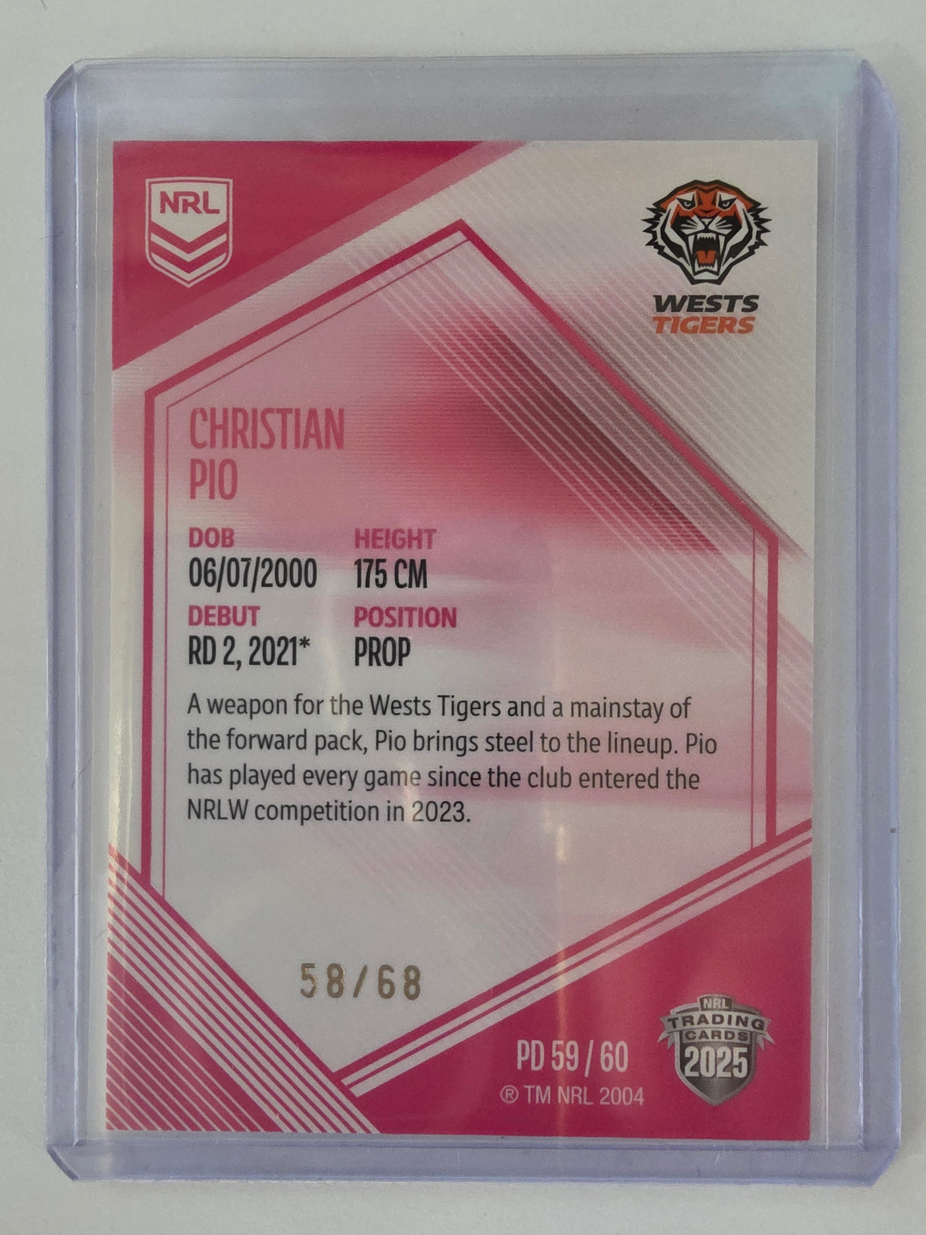 NRL 2025 Elite | Mojo Pink Diamond | #PD59 | Christian Pio | #58/68 | Tigers