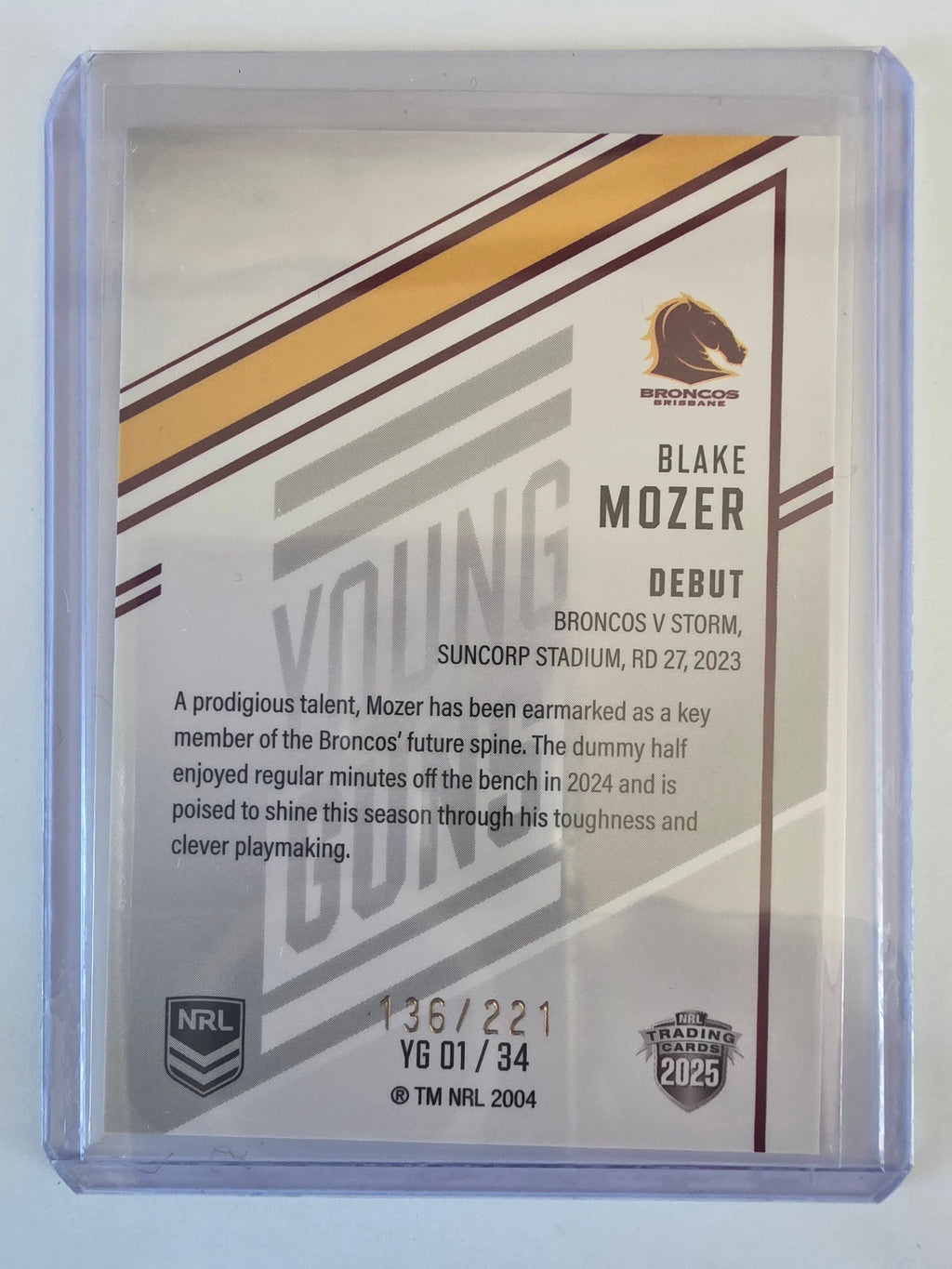NRL 2025 Elite | Young Guns White | #YG01 | Blake Mozer | #136/221 | Broncos