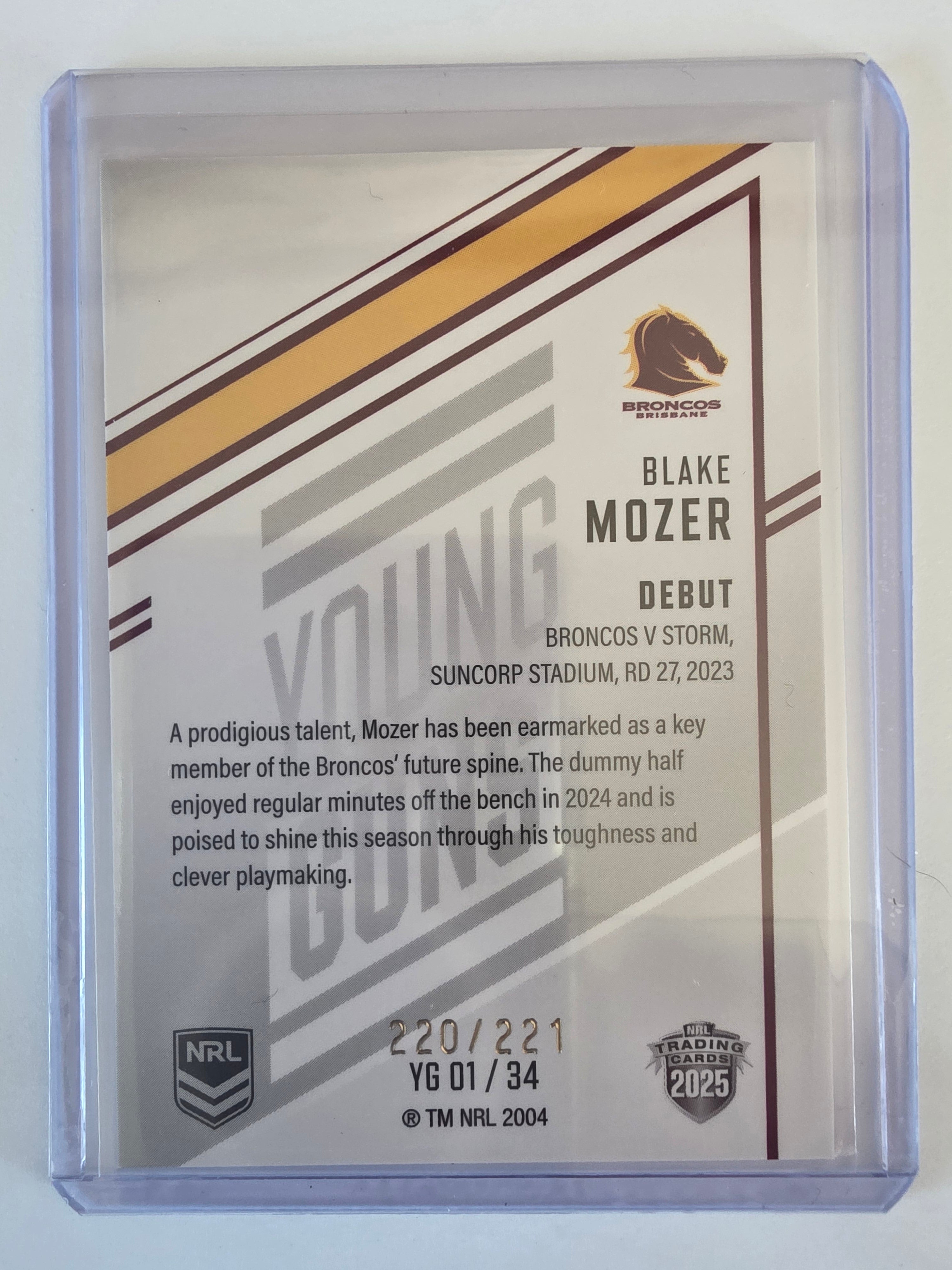 NRL 2025 Elite | Young Guns White | #YG01 | Blake Mozer | #220/221 | Broncos