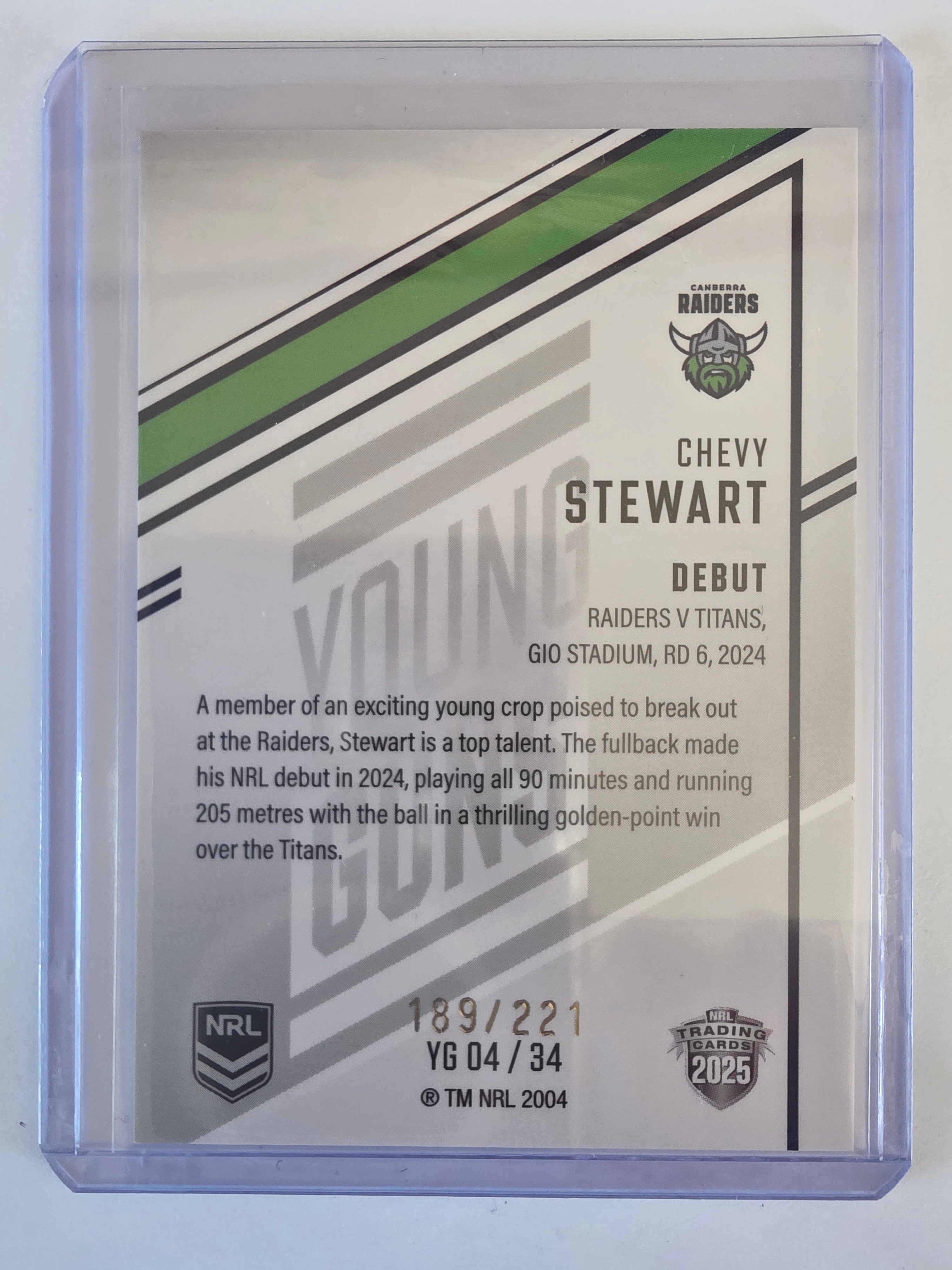 NRL 2025 Elite | Young Guns White | #YG04 | Chevy Stewart | #189/221 | Raiders
