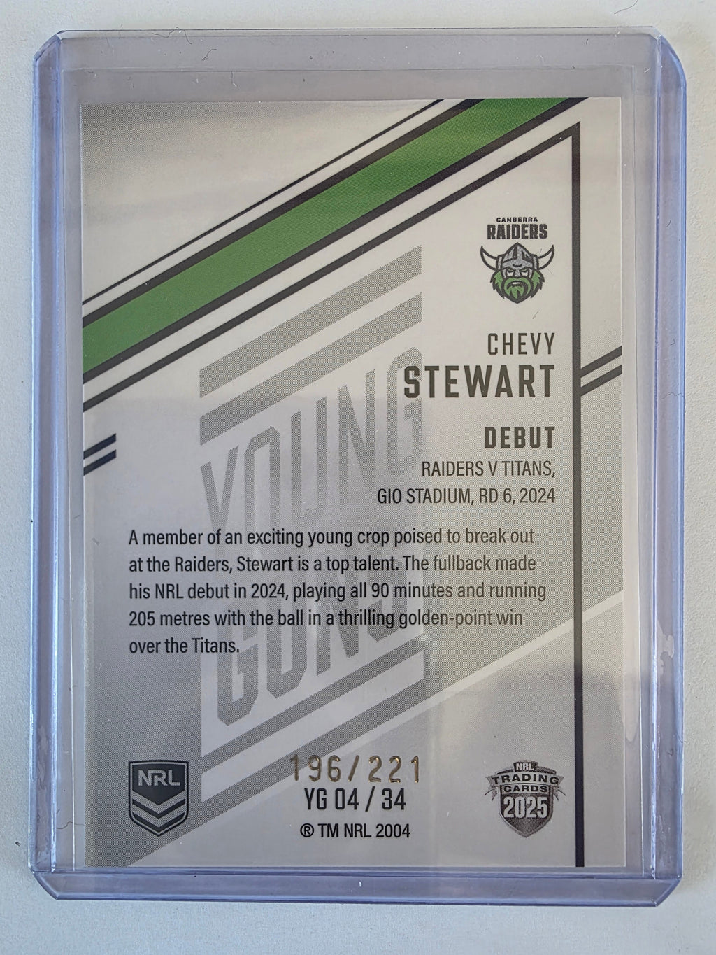 NRL 2025 Elite | Young Guns White | #YG04 | Chevy Stewart | #196/221 | Raiders