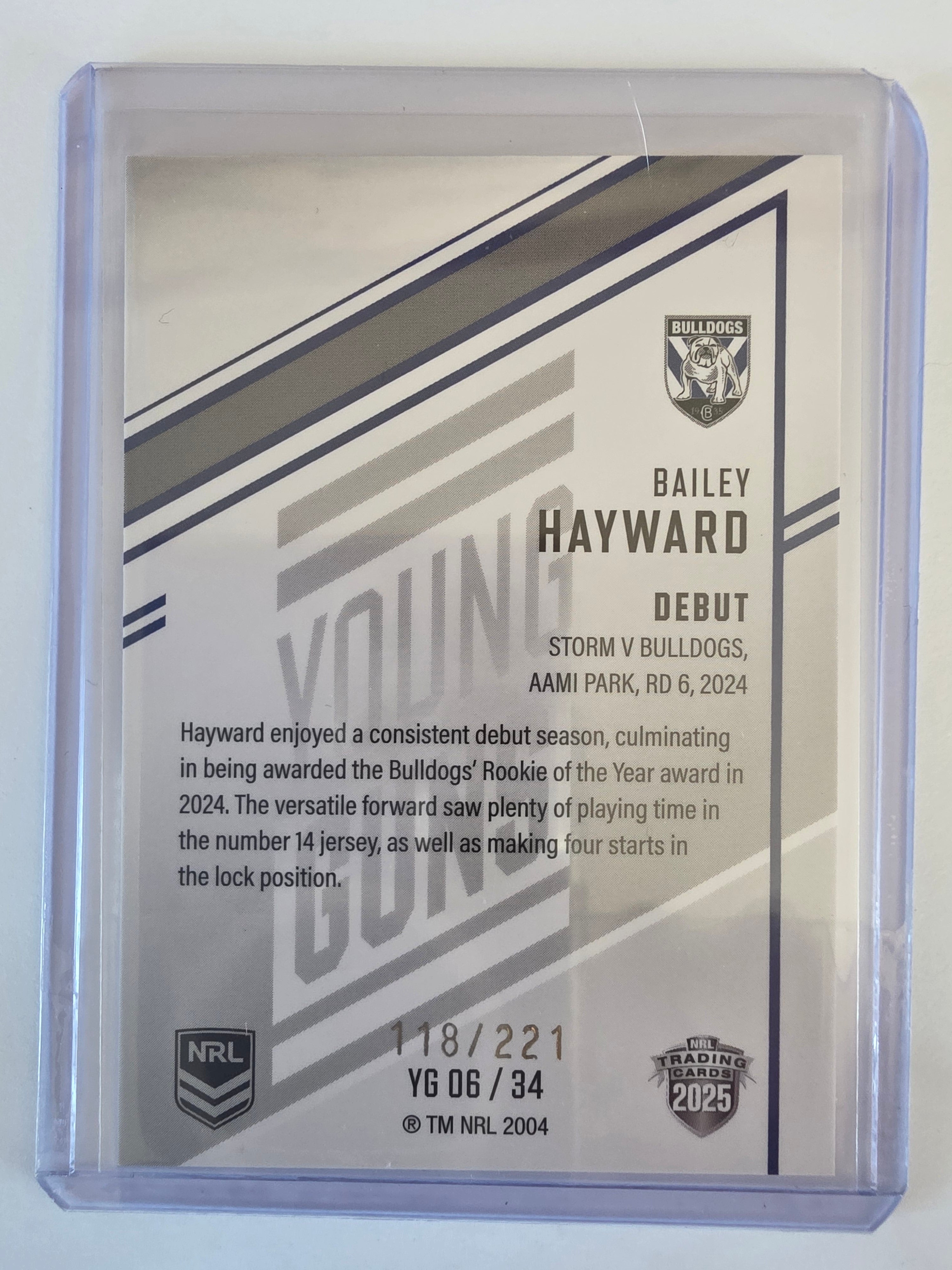 NRL 2025 Elite | Young Guns White | #YG06 | Bailey Hayward | #118/221 | Bulldogs