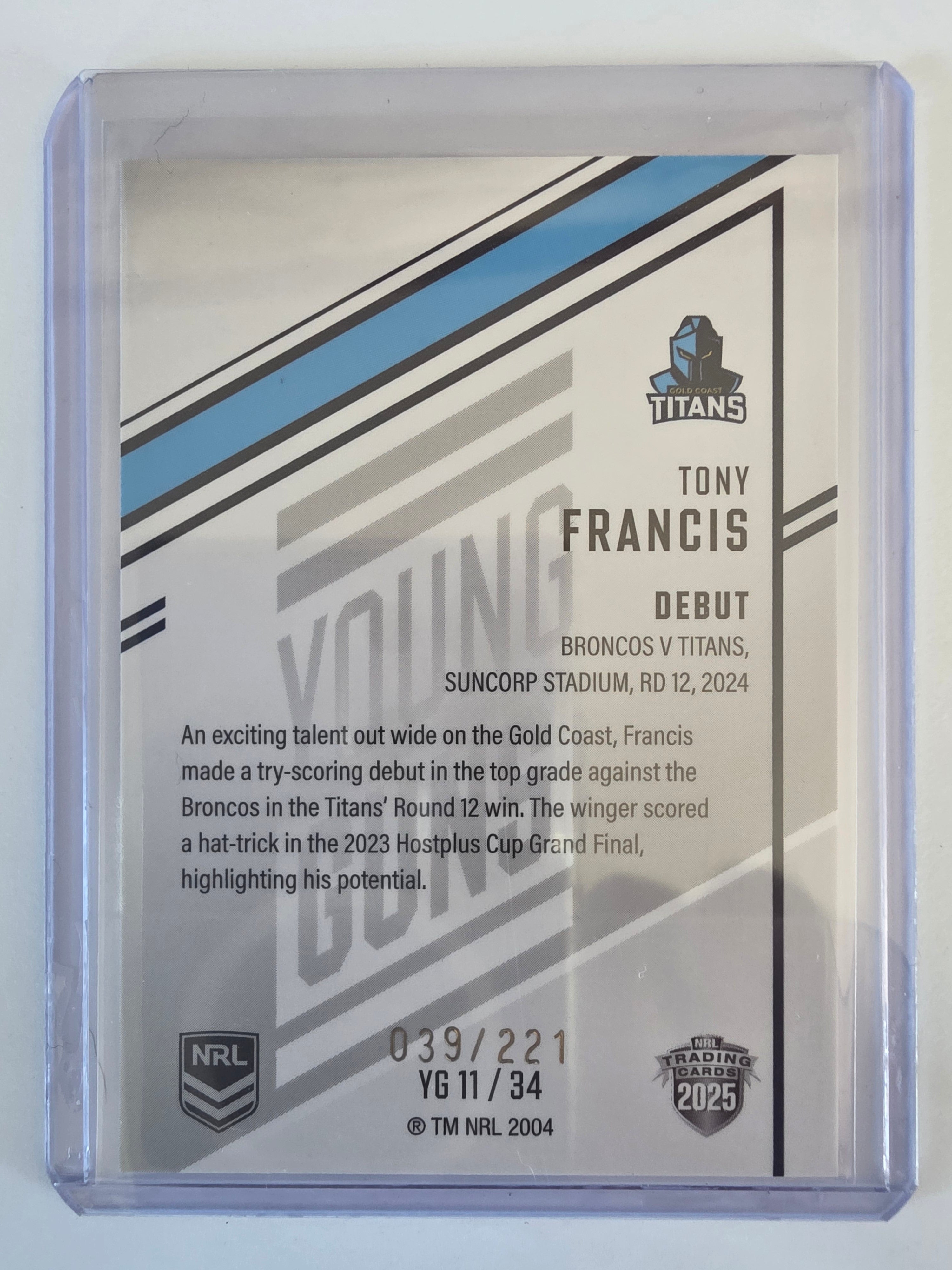NRL 2025 Elite | Young Guns White | #YG11 | Tony Francis | #039/221 | Titans