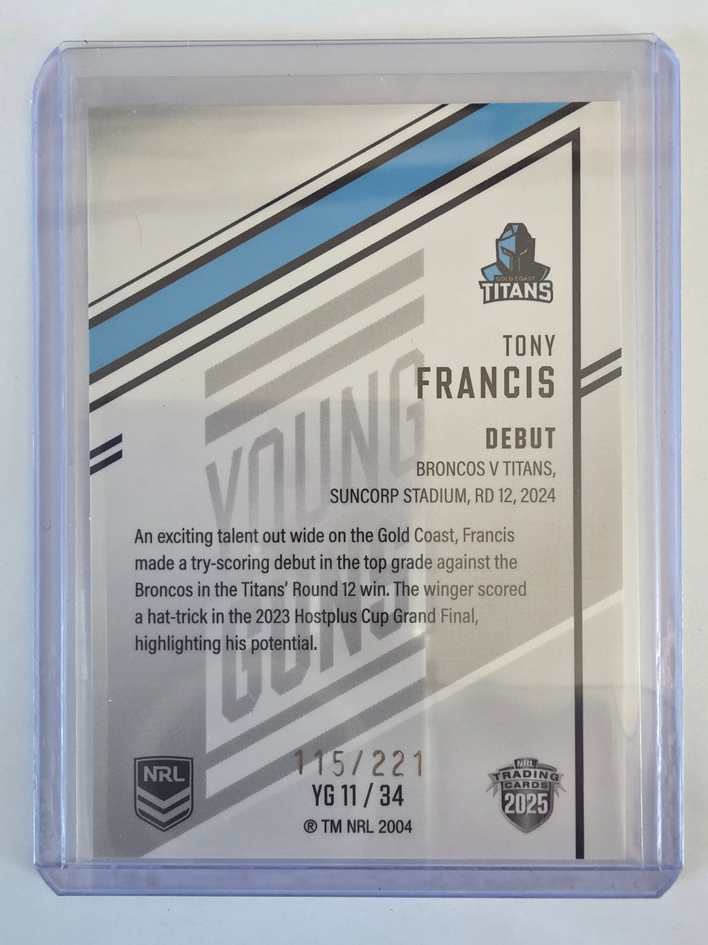 NRL 2025 Elite | Young Guns White | #YG11 | Tony Francis | #115/221 | Titans