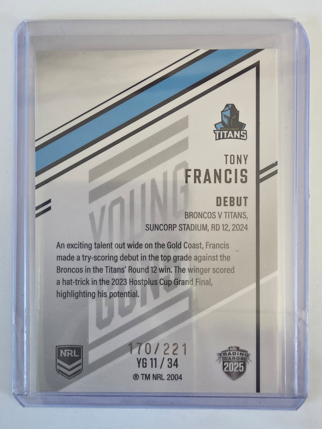 NRL 2025 Elite | Young Guns White | #YG11 | Tony Francis | #170/221 | Titans
