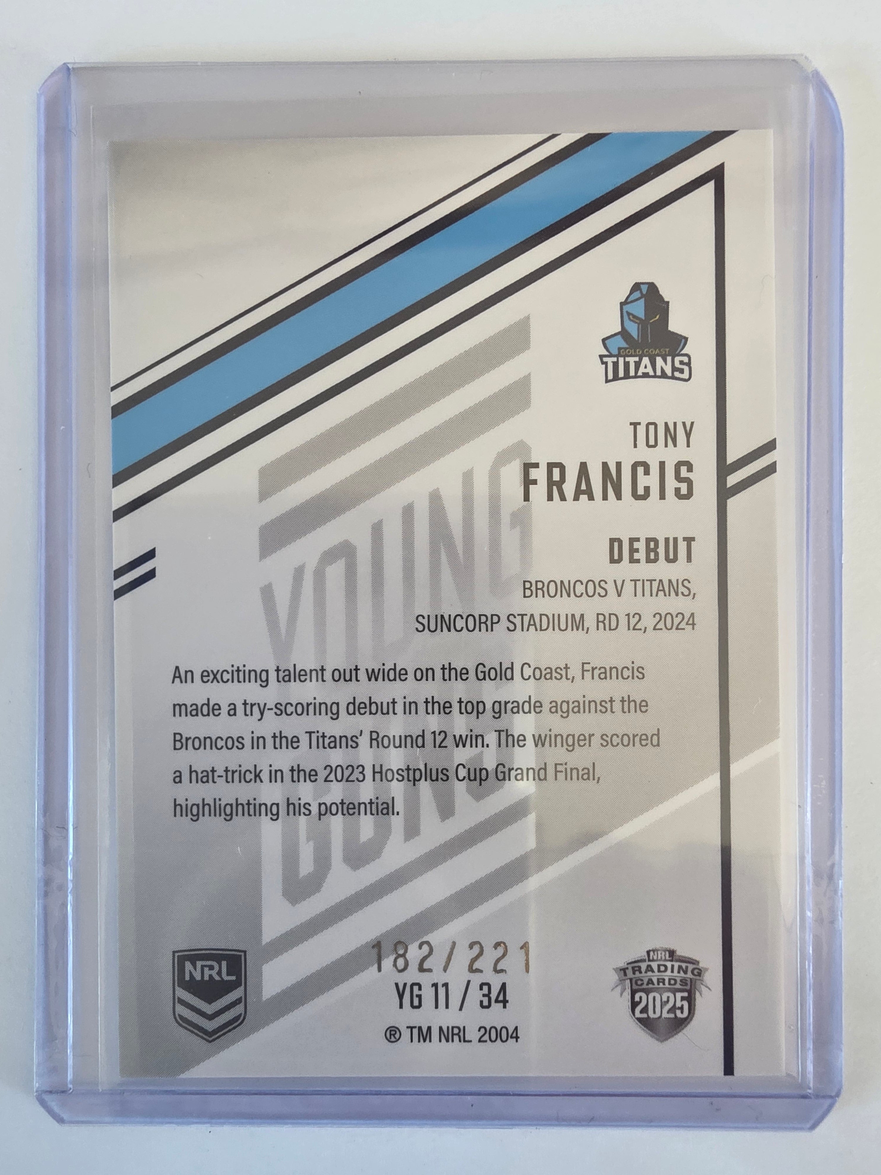 NRL 2025 Elite | Young Guns White | #YG11 | Tony Francis | #182/221 | Titans